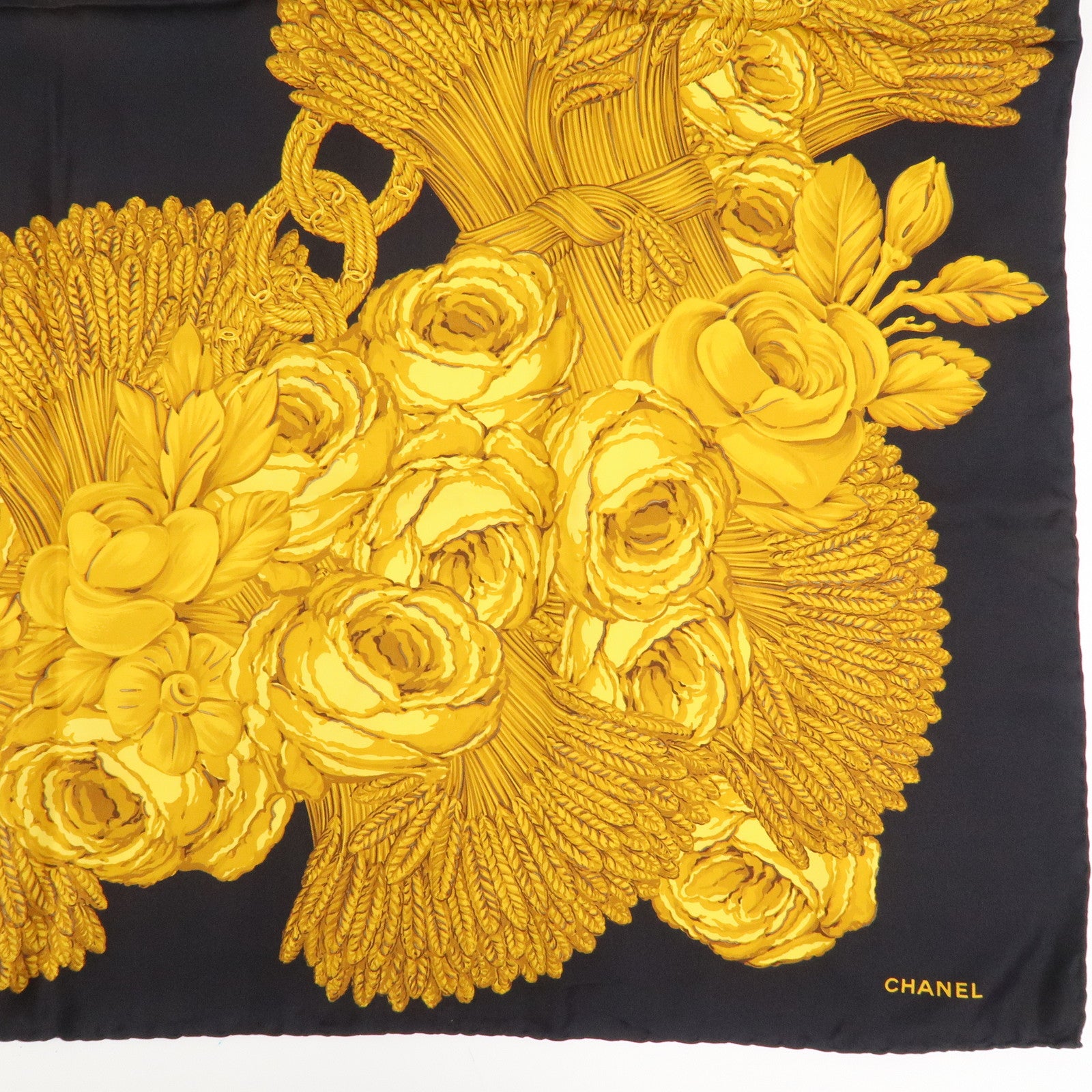 CHANEL Silk 100% Flower Chain Print Scarf Black Gold