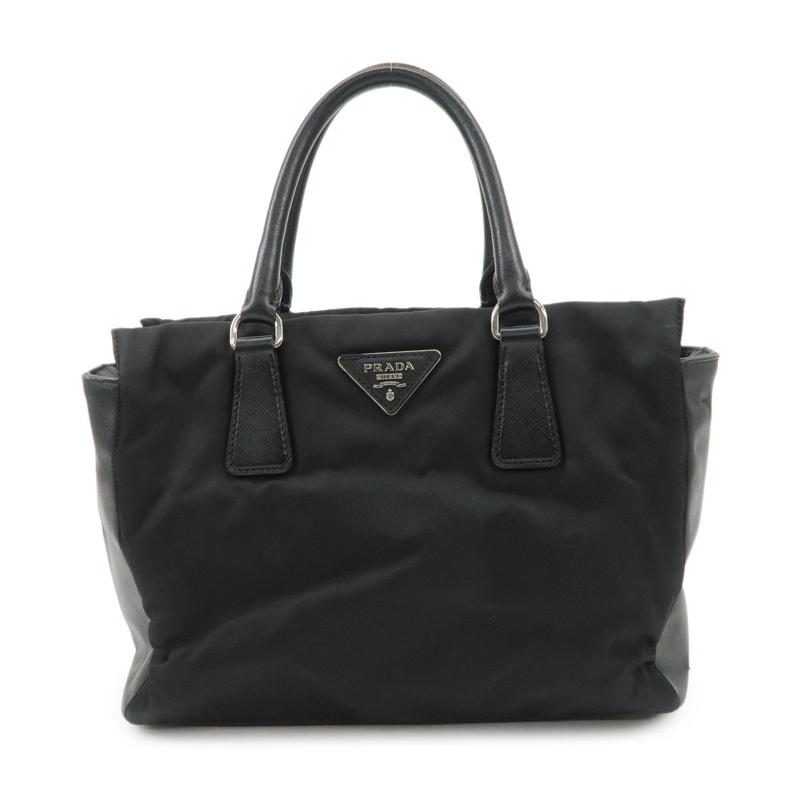 PRADA Triangle Logo Leather Nylon 2Way Bag Hand Bag Black Gold HDW Used