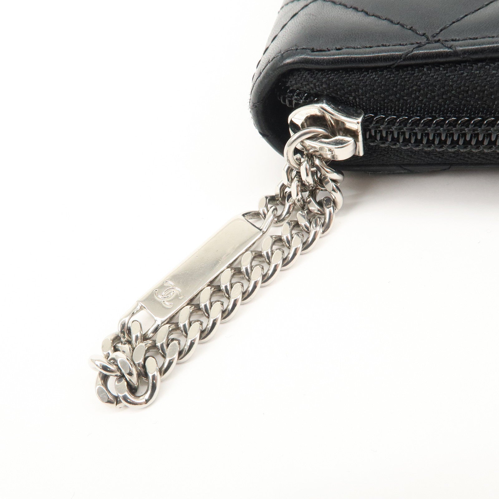 CHANEL Cambon Line Lamb Skin Round Zippy Long Wallet Black A50078 Used