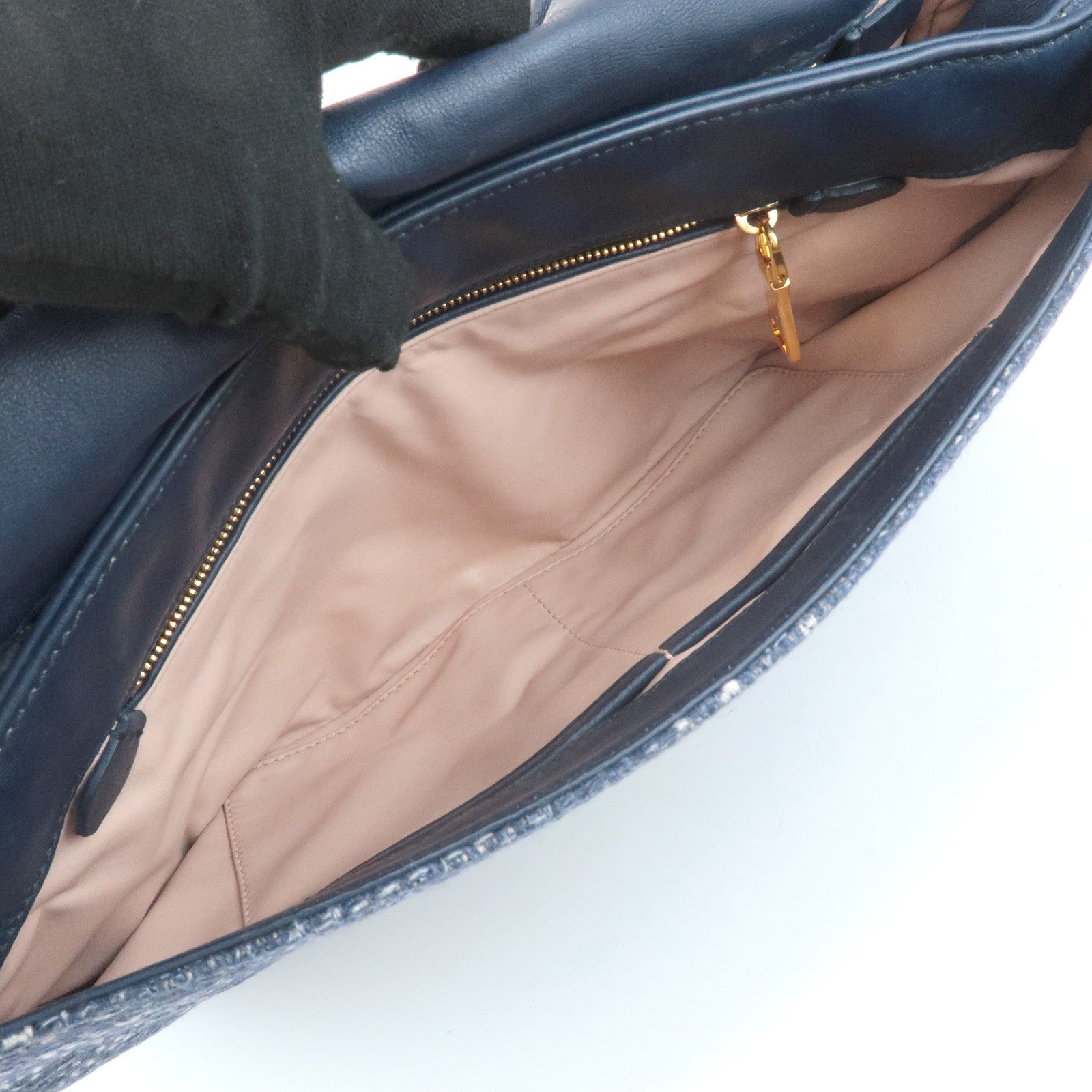 PRADA Tweed Leather Plastic Chain Shoulder Bag Navy White BR4874 Used