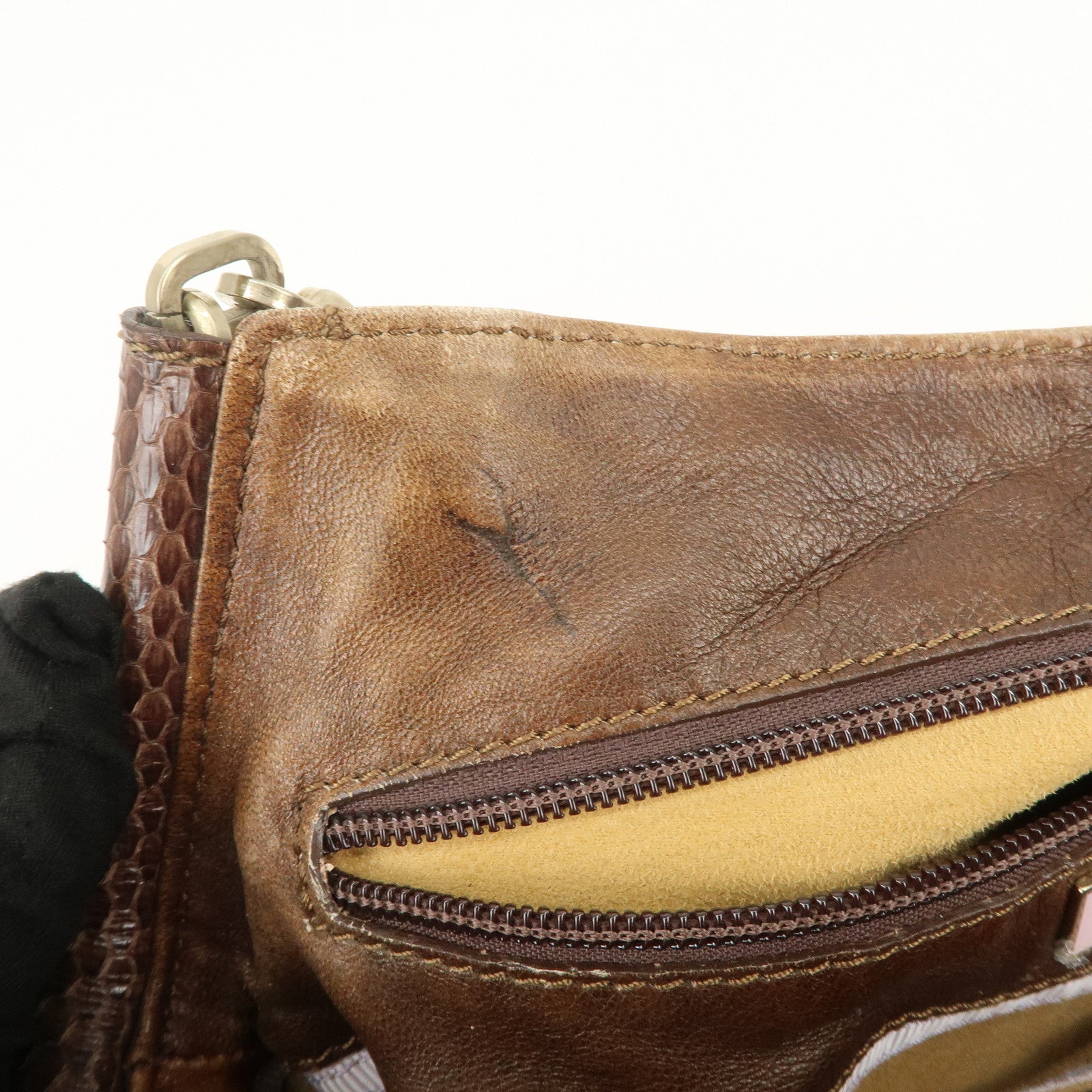 JIMMY CHOO Leather Suede Chain Shoulder Bag Hand Bag Brown