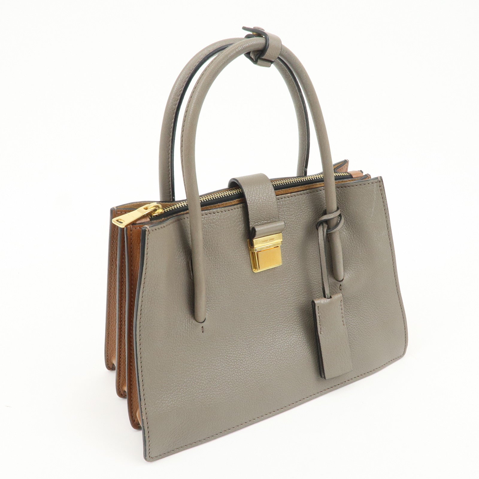 MIU MIU Logo Leather 2Way Bag Hand Bag Shoulder Bag Gray RN1104