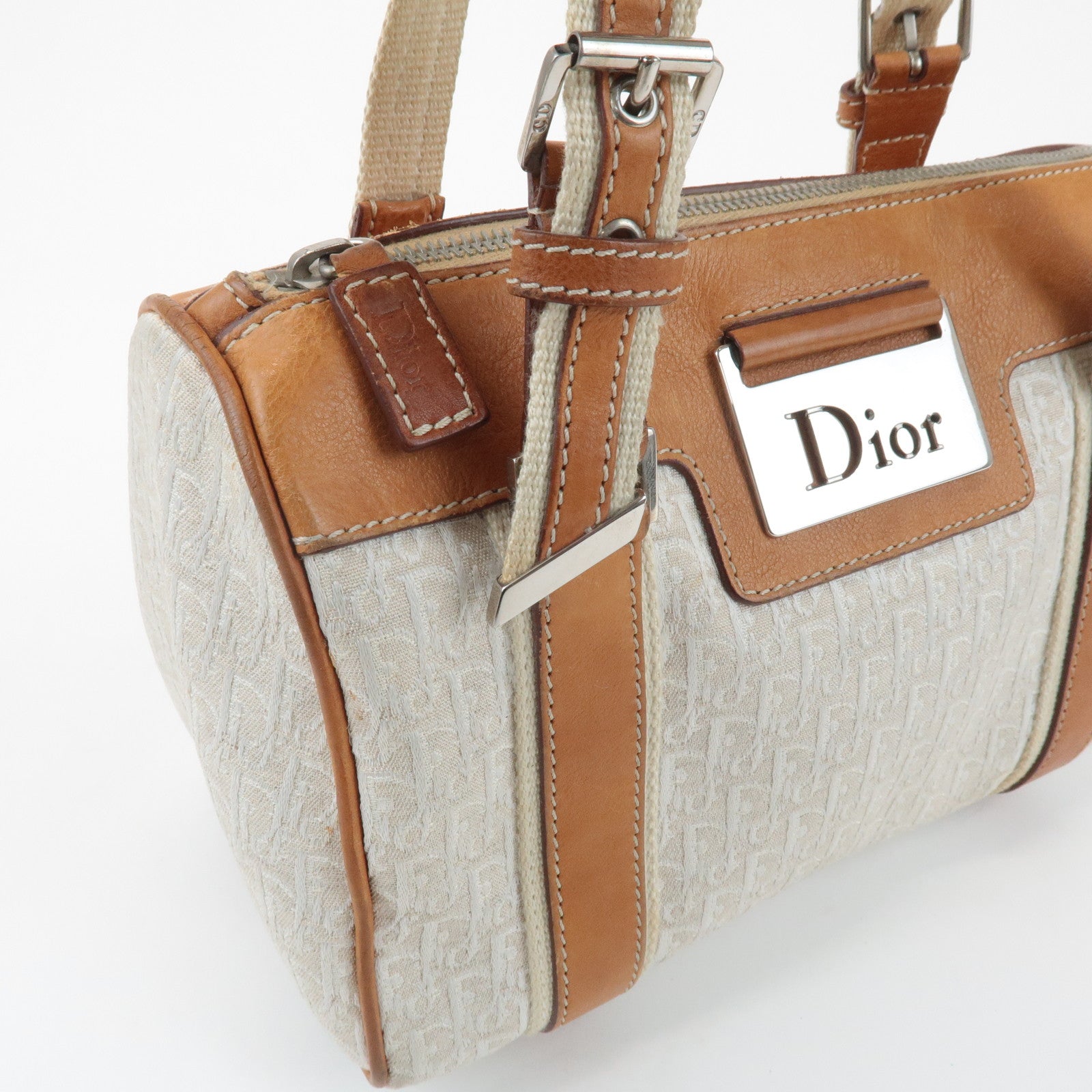 Christian Dior Trotter Canvas Leather Mini Boston Bag White Brown