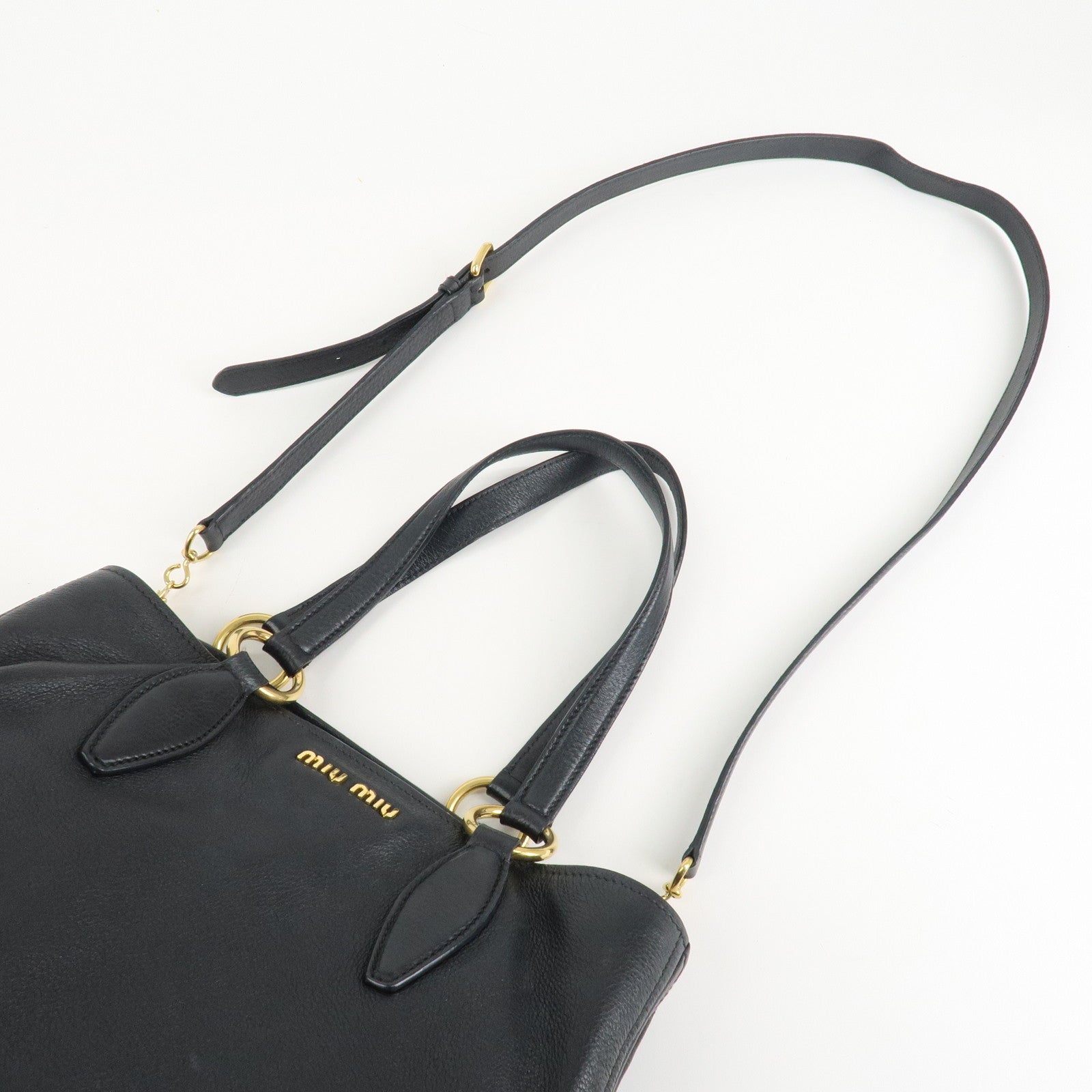 MIU MIU Logo Leather 2Way Bag Tote Bag Shoulder Bag Black RR1901 Used
