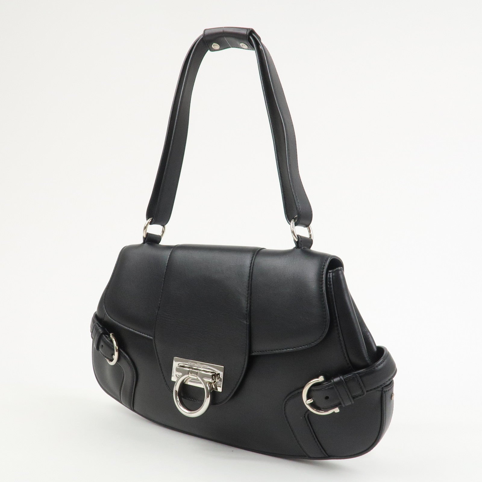 Ferragamo Gancini Leather Shoulder Bag Hand Bag Black AQ-21 4935