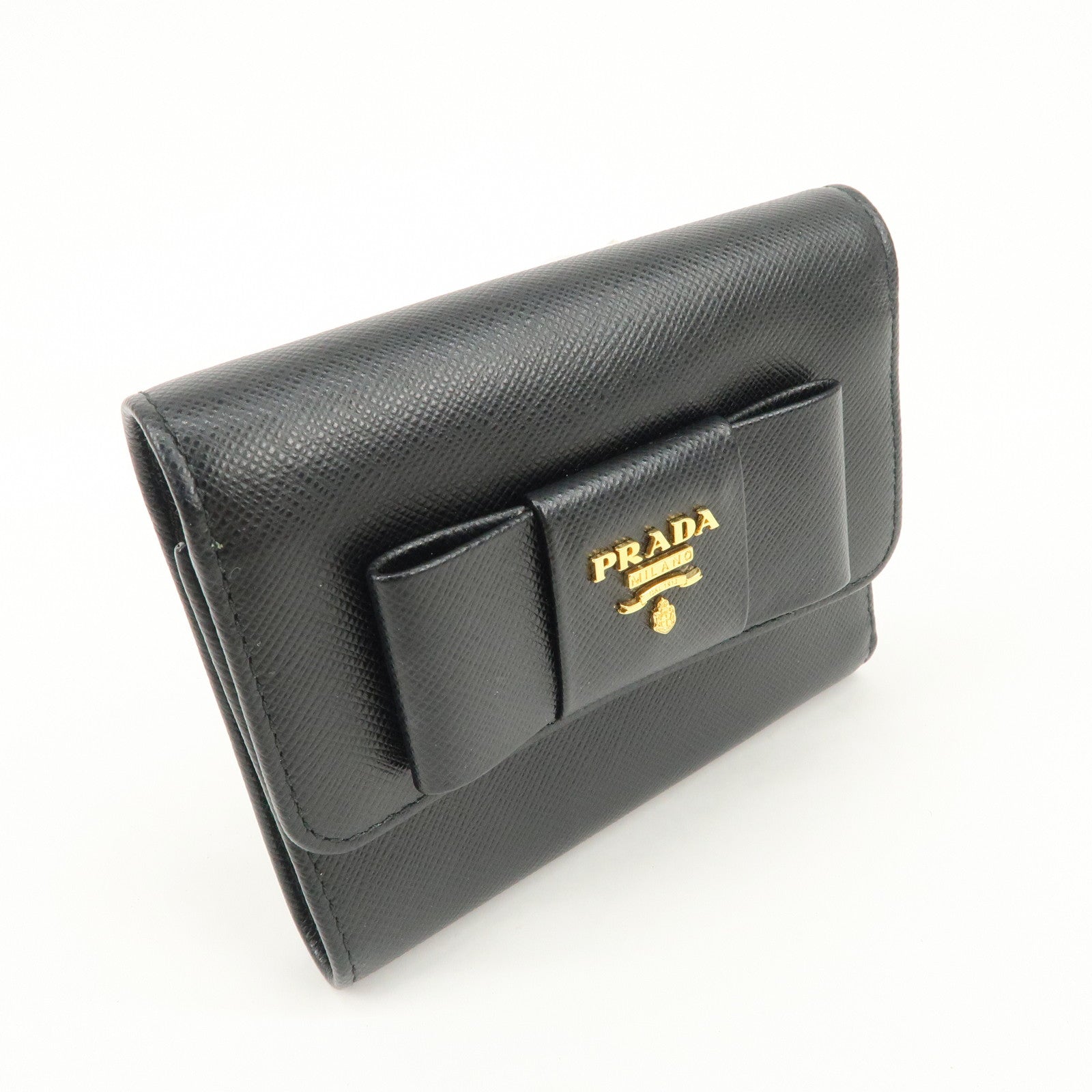 PRADA Leather Ribbon Tri-fold Wallet Black 1MH840 Used