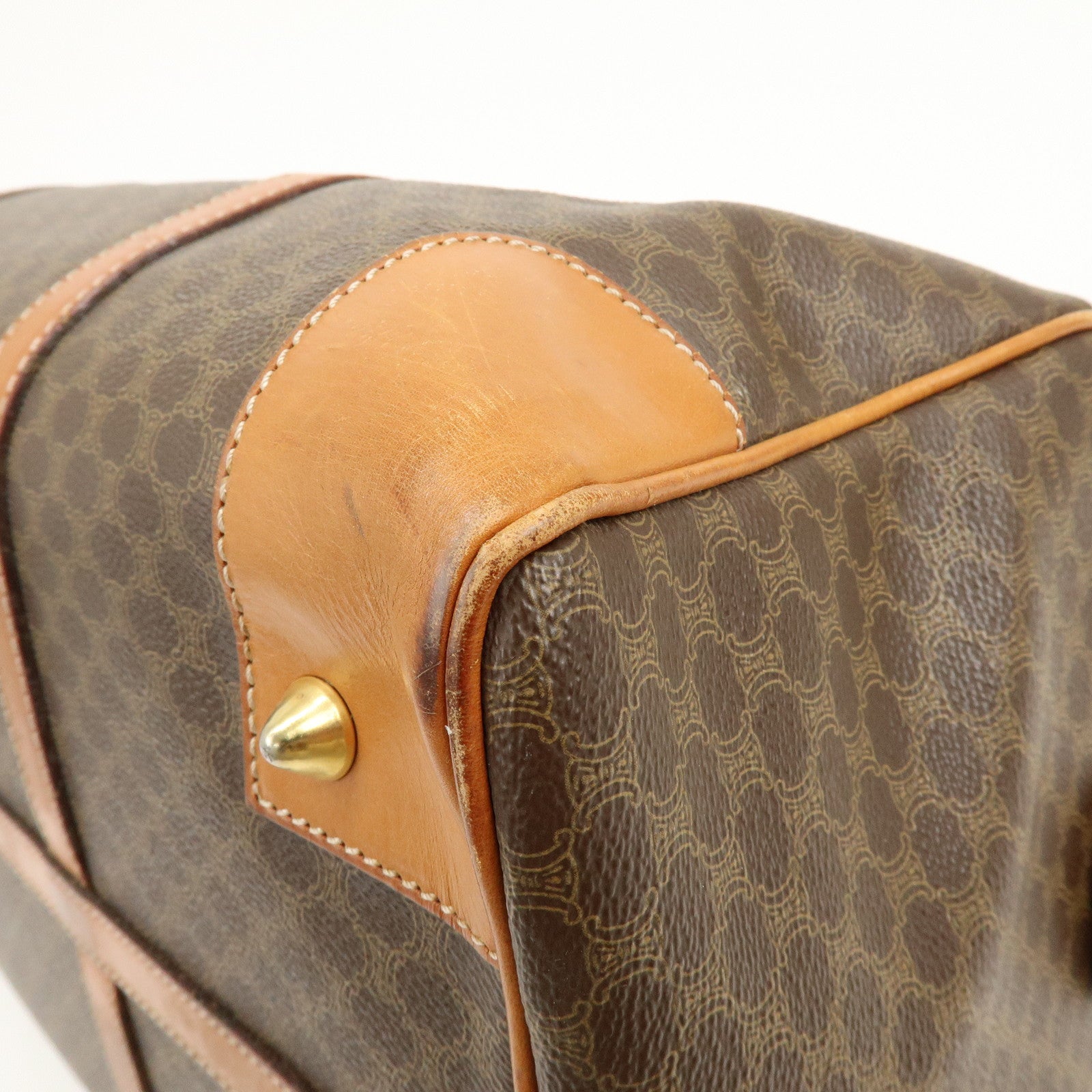 CELINE Macadam PVC Coated Canvas Leather Boston Bag Hand Bag Brown