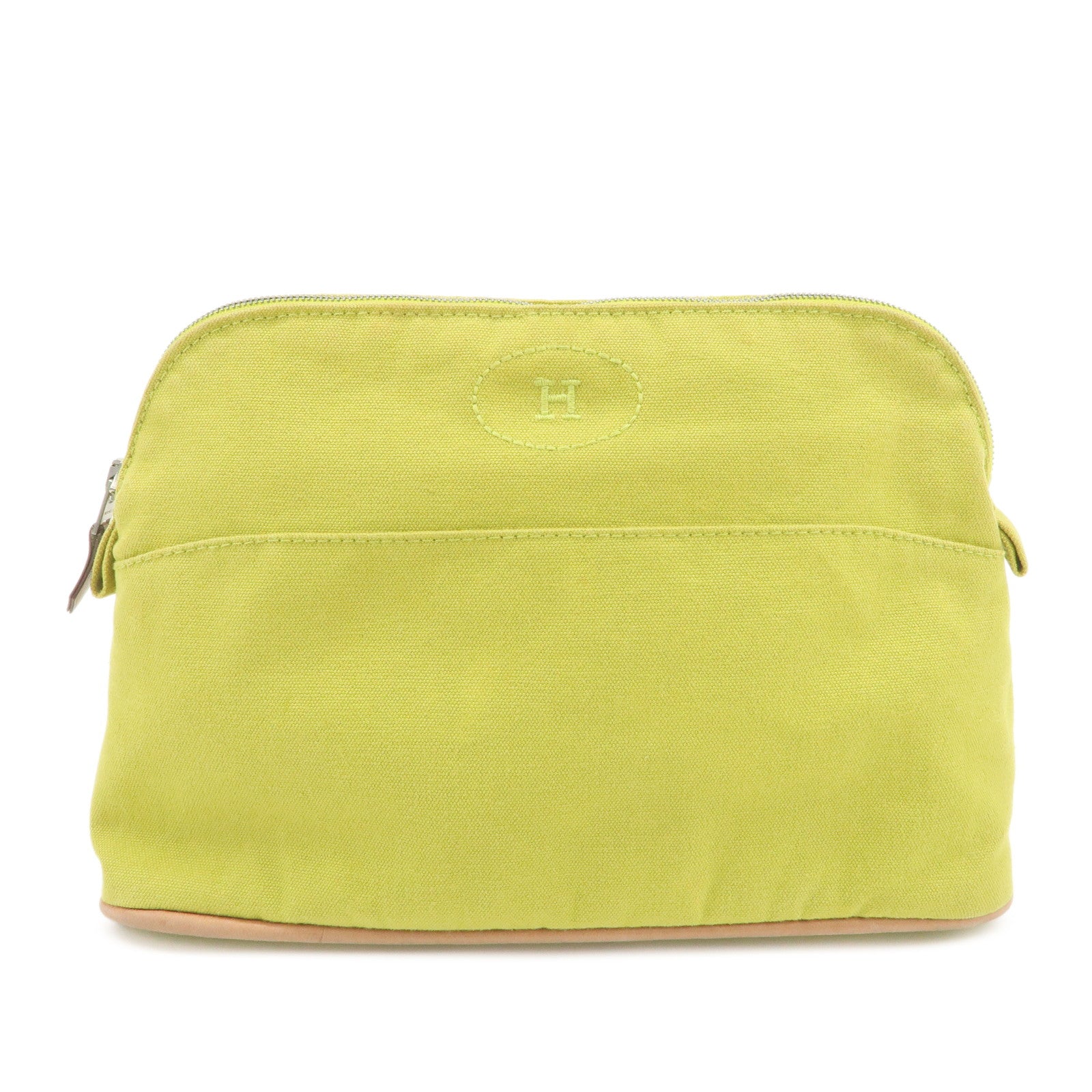 HERMES Bolide Pouch MM Canvas Leather Cosmetic Pouch Light Green