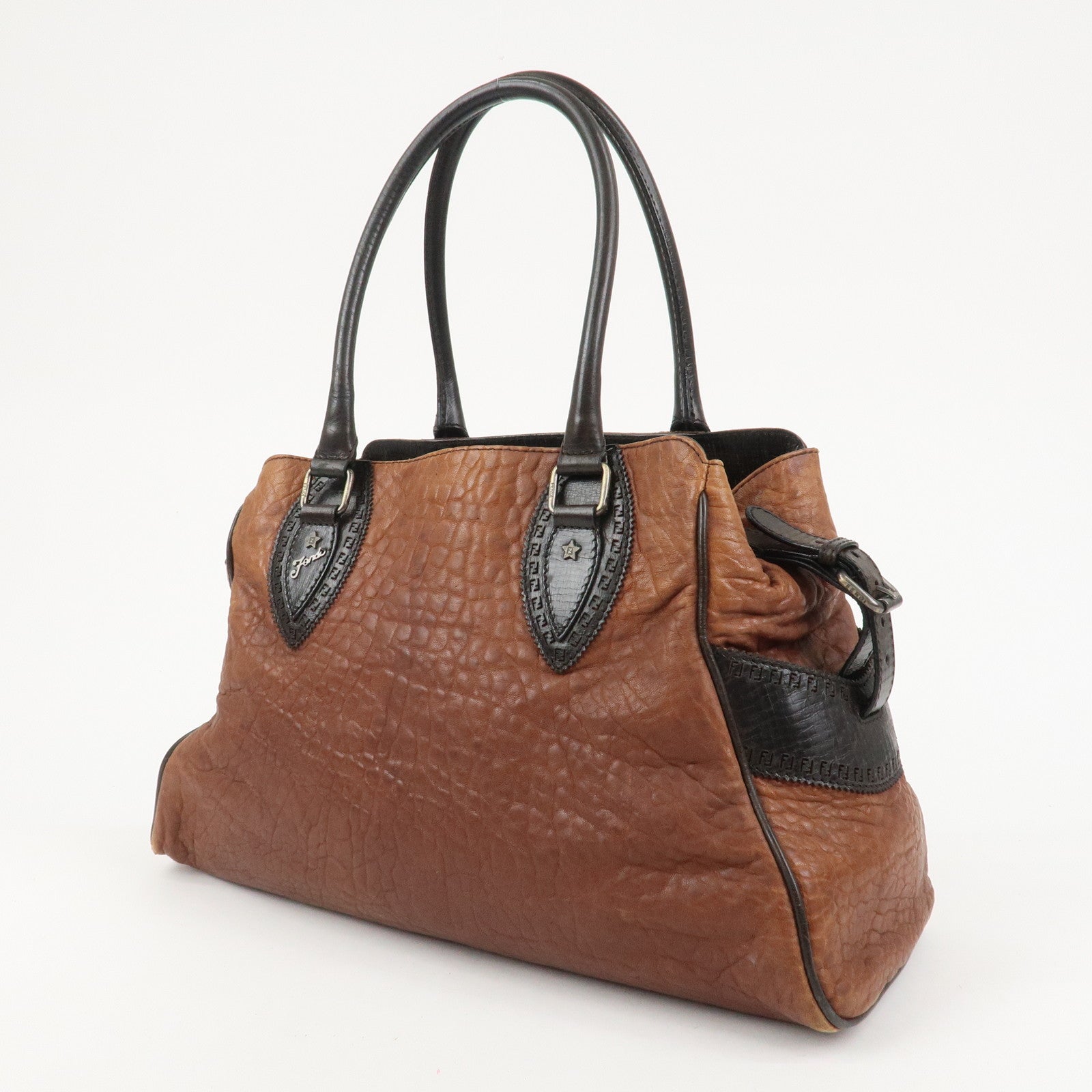 FENDI Etonico Logo Leather Tote Bag Shoulder Brown 8BN162