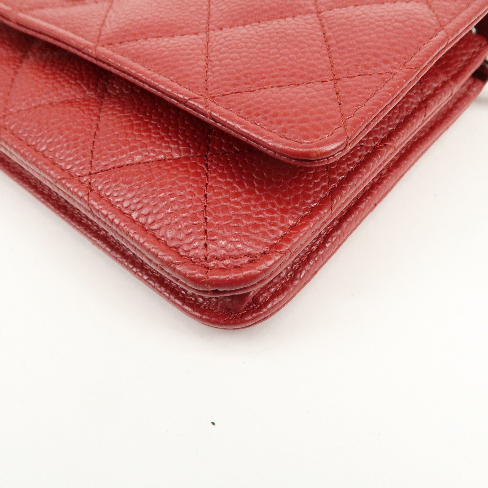 CHANEL Matelasse COCO Mark Caviarskin Chain Wallet Red A33814
