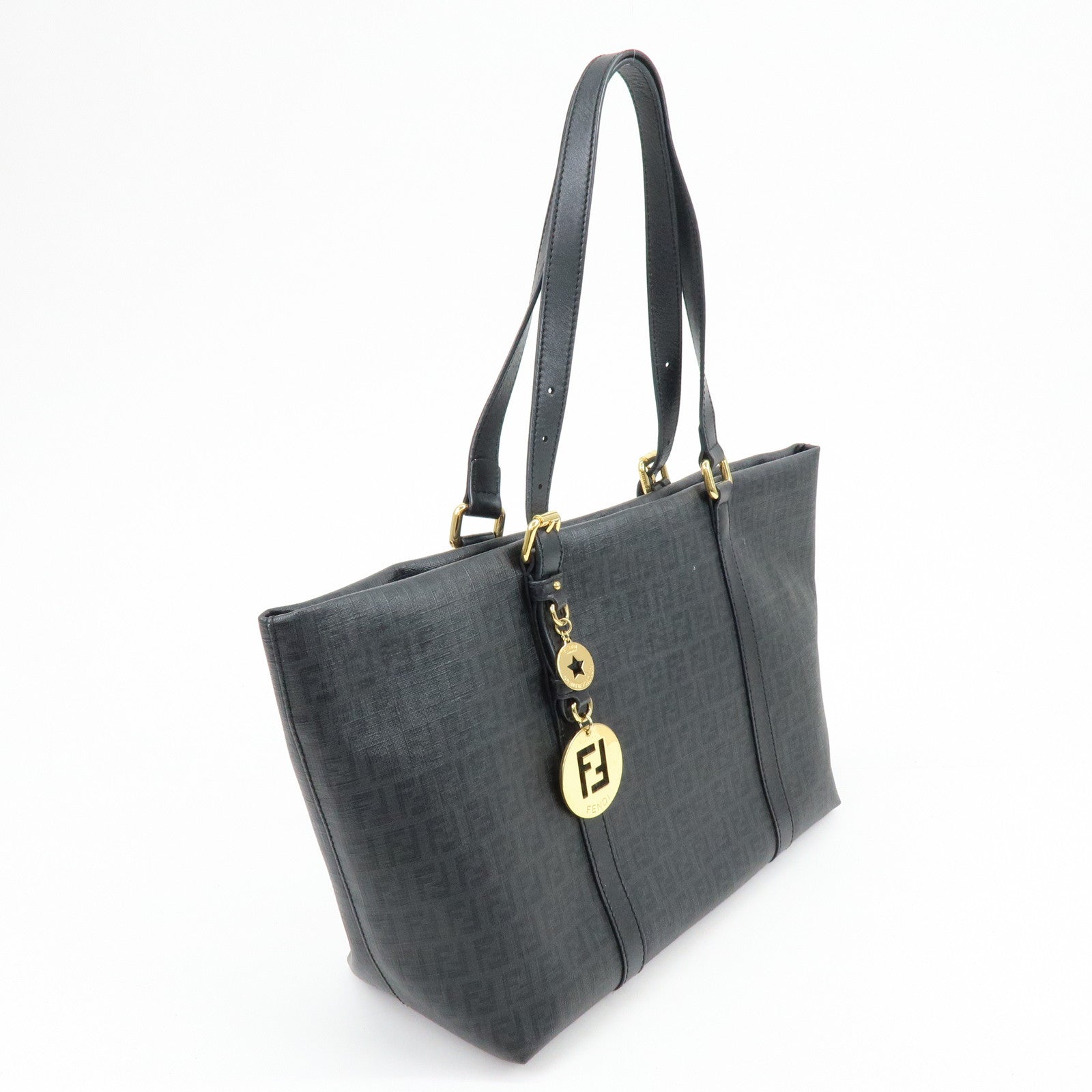FENDI Zucchino PVC Leather Tote Bag Shoulder Bag Black Charm 8BH215