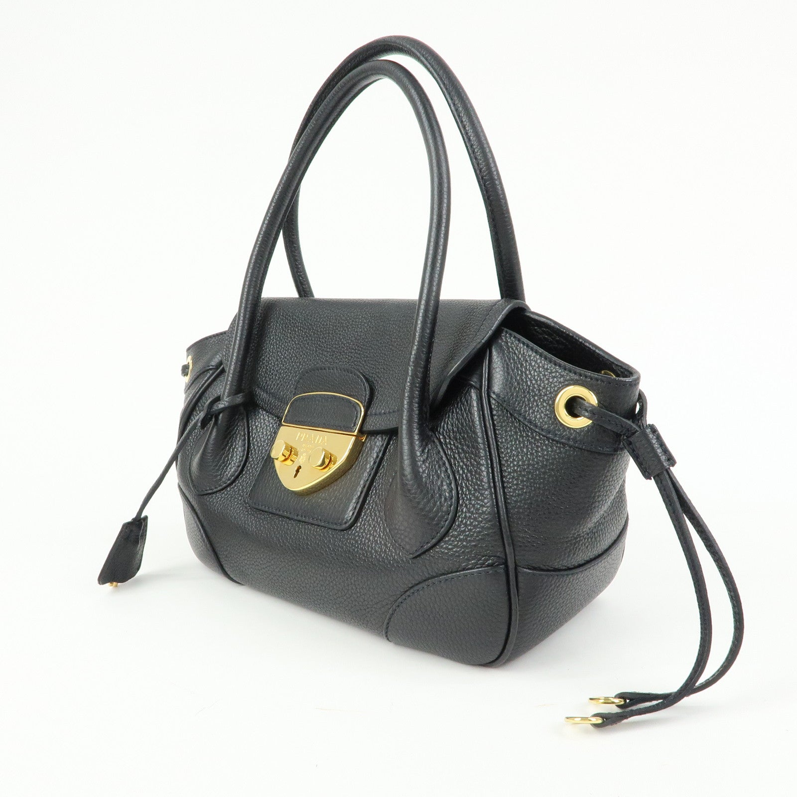 PRADA Vitello Daino Leather Hand Bag Shoulder Bag Black BR3207