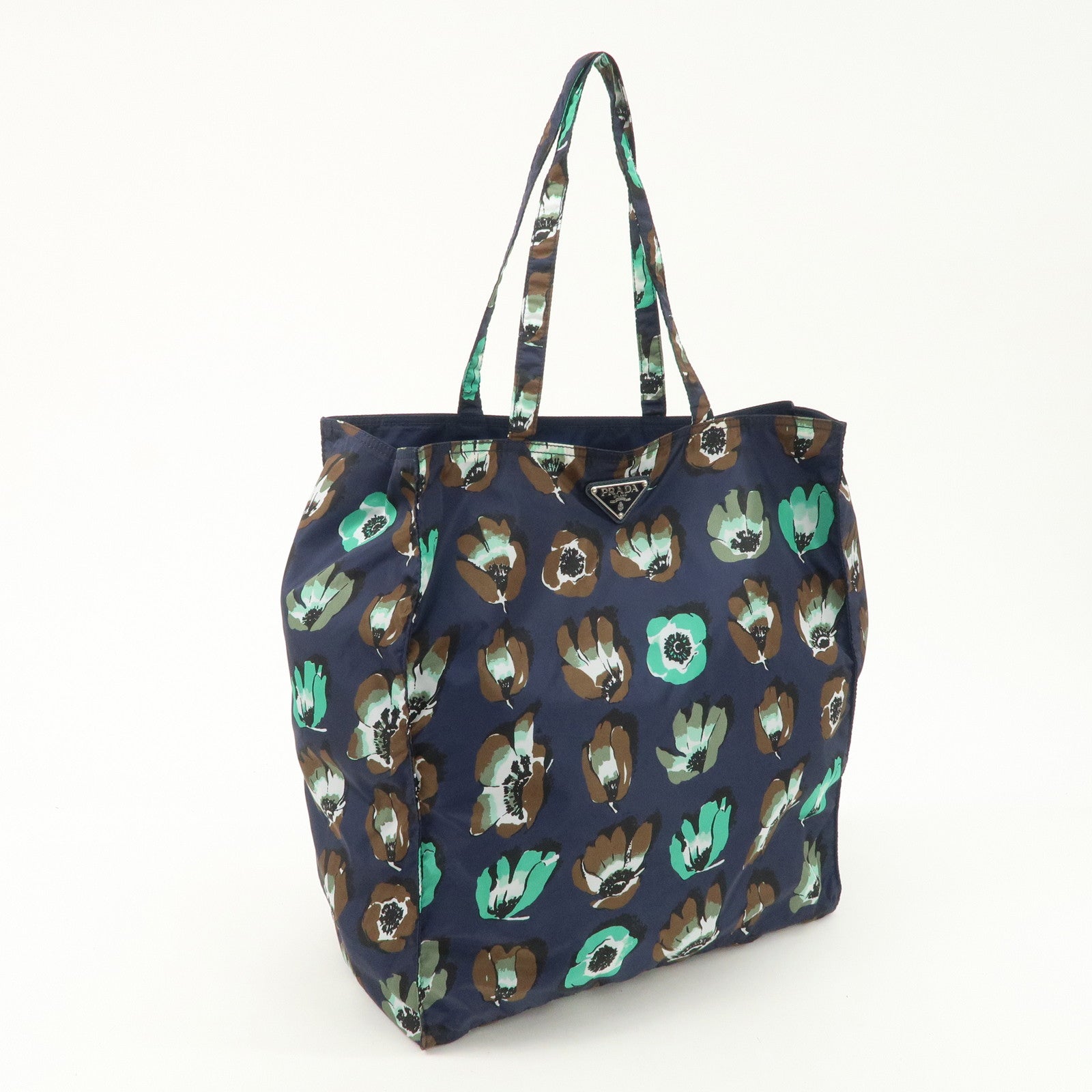 PRADA Triangle Logo Nylon Tote Bag w/Pouch Flower Print Navy B4626B Used