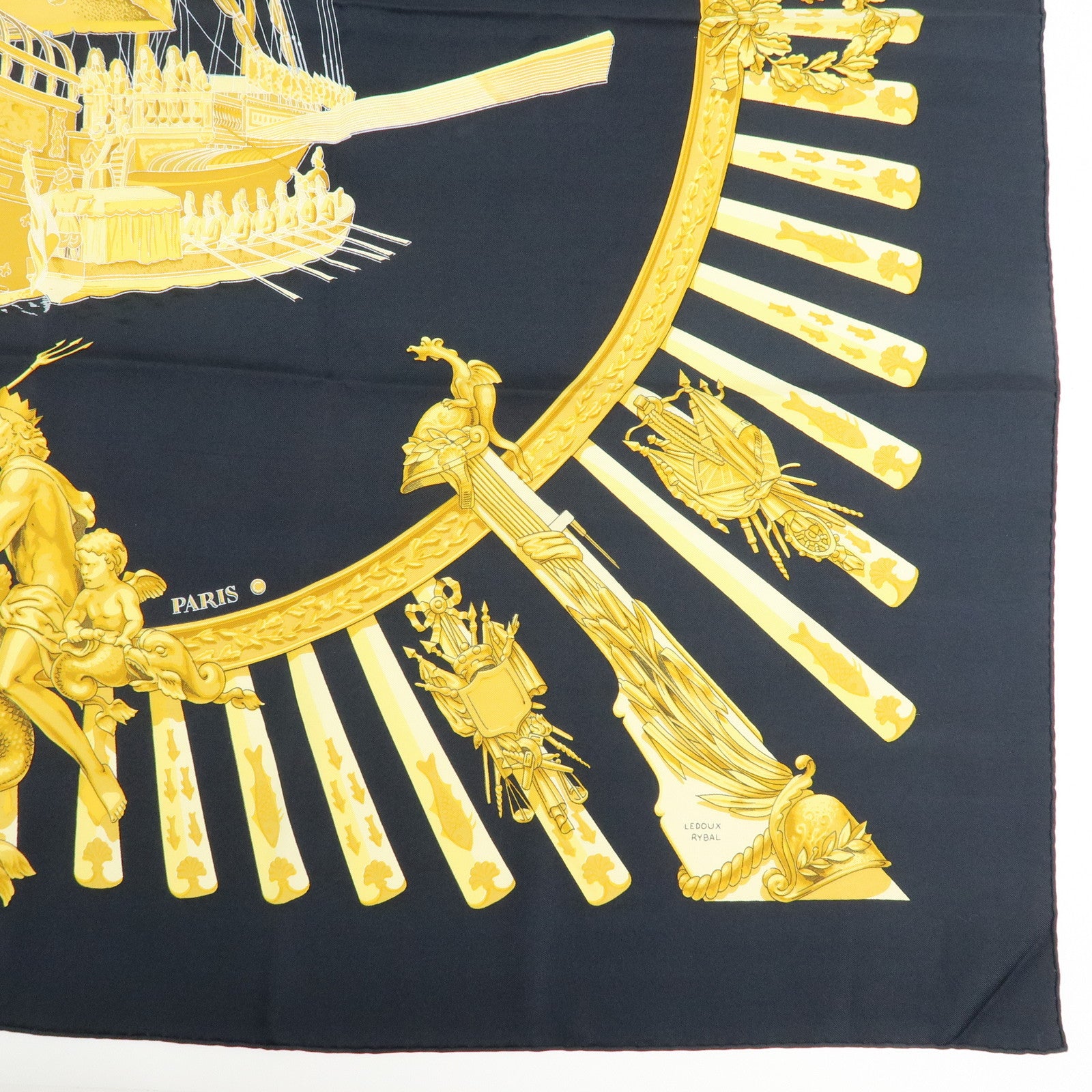 HERMES Carre 90 Silk 100% Scarf la MARINE a RAMES Black Yellow