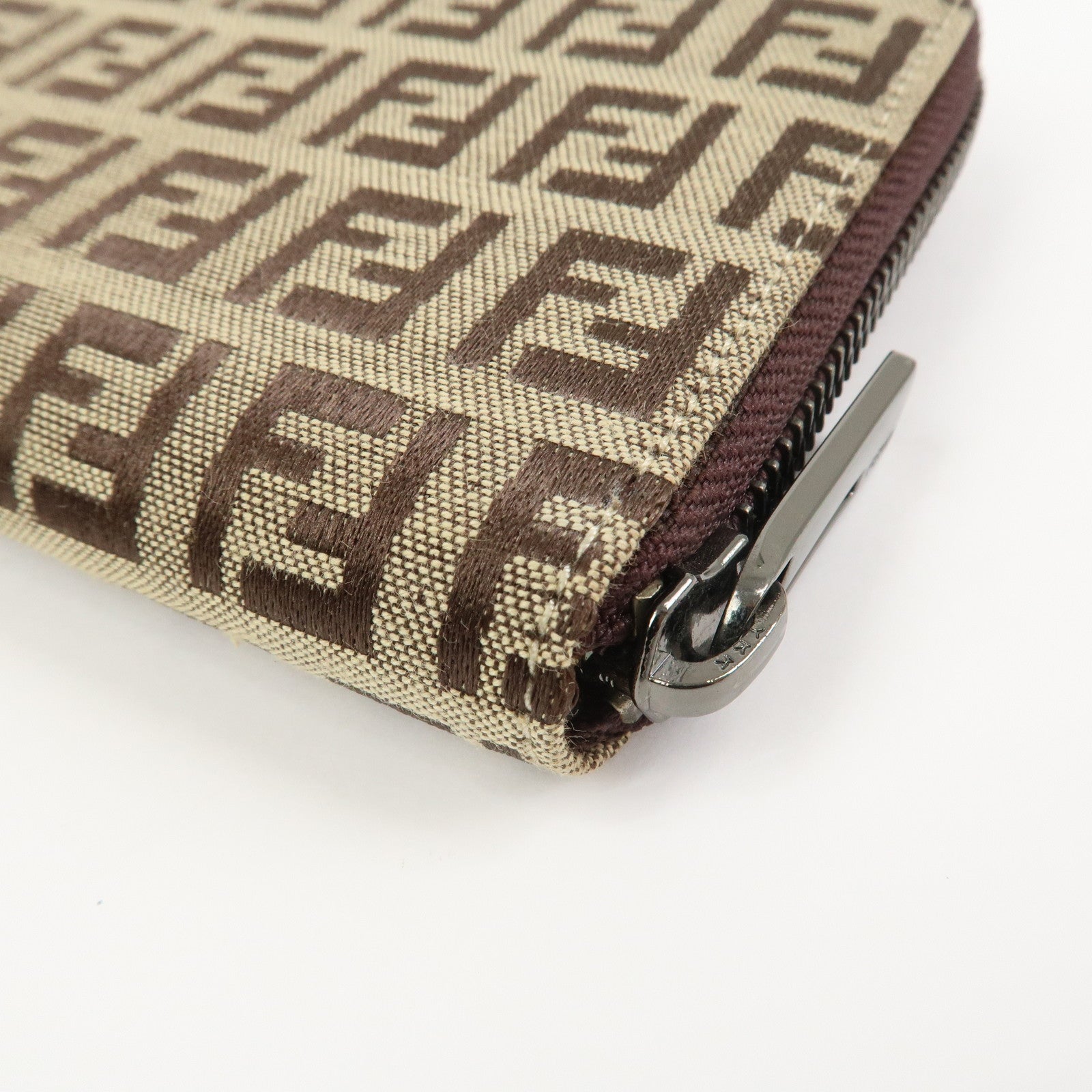 FENDI Zucchino Canvas Leather Round Zippy Long Wallet Brown 8M0024