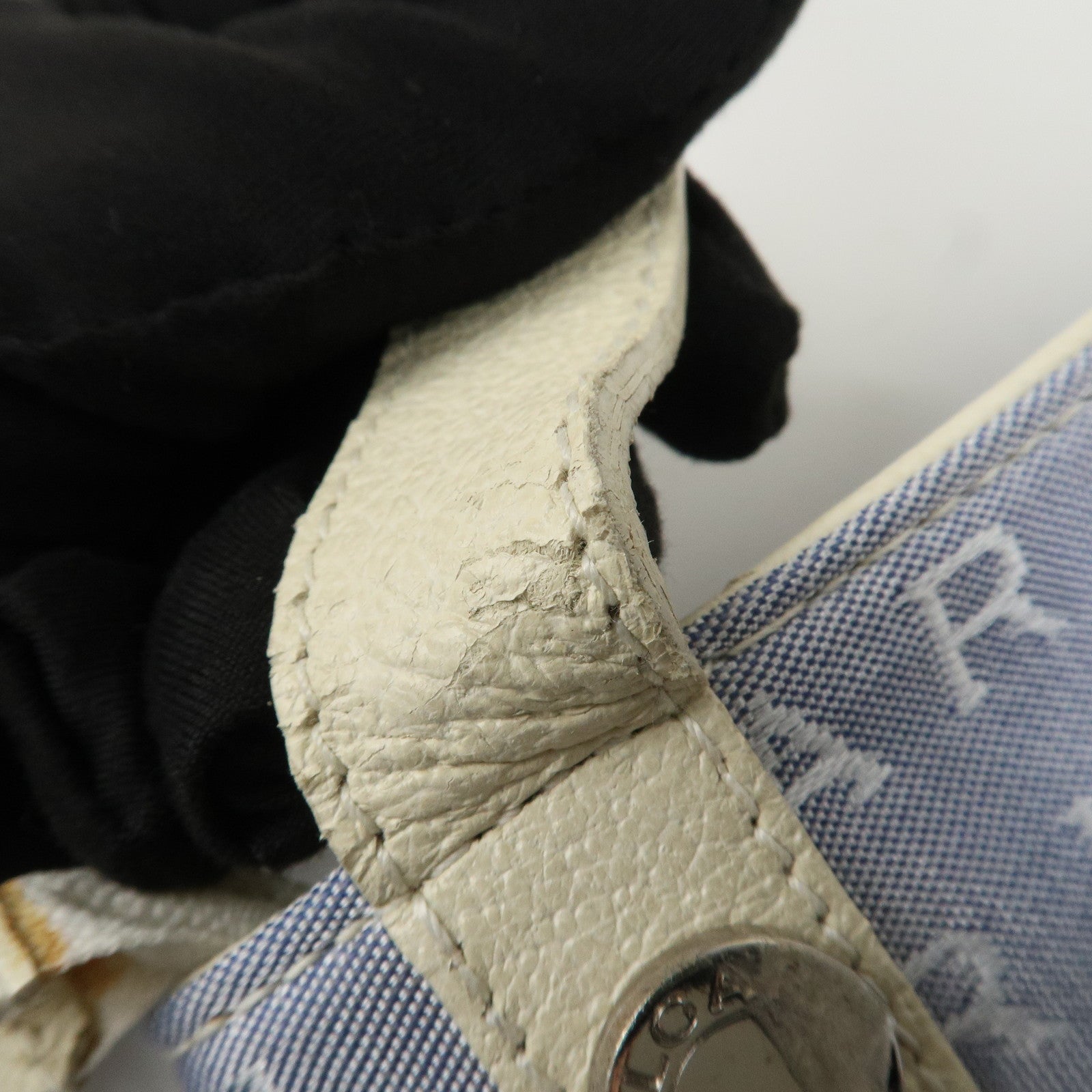 BVLGARI Logo Mania Leather Canvas Shoulder Bag Ivory Light Blue Used