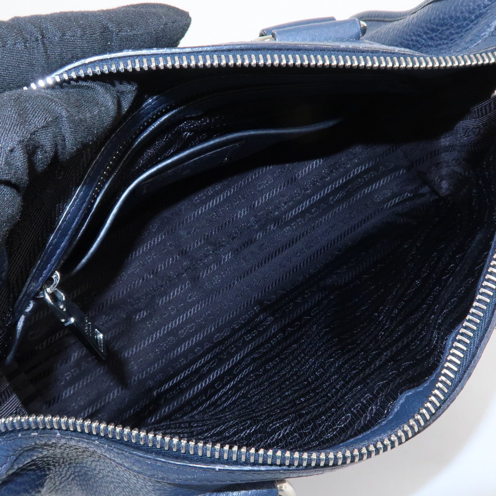 PRADA Logo Leather Vitello Phenix 2WAY Bag Hand Bag Navy 1BB022