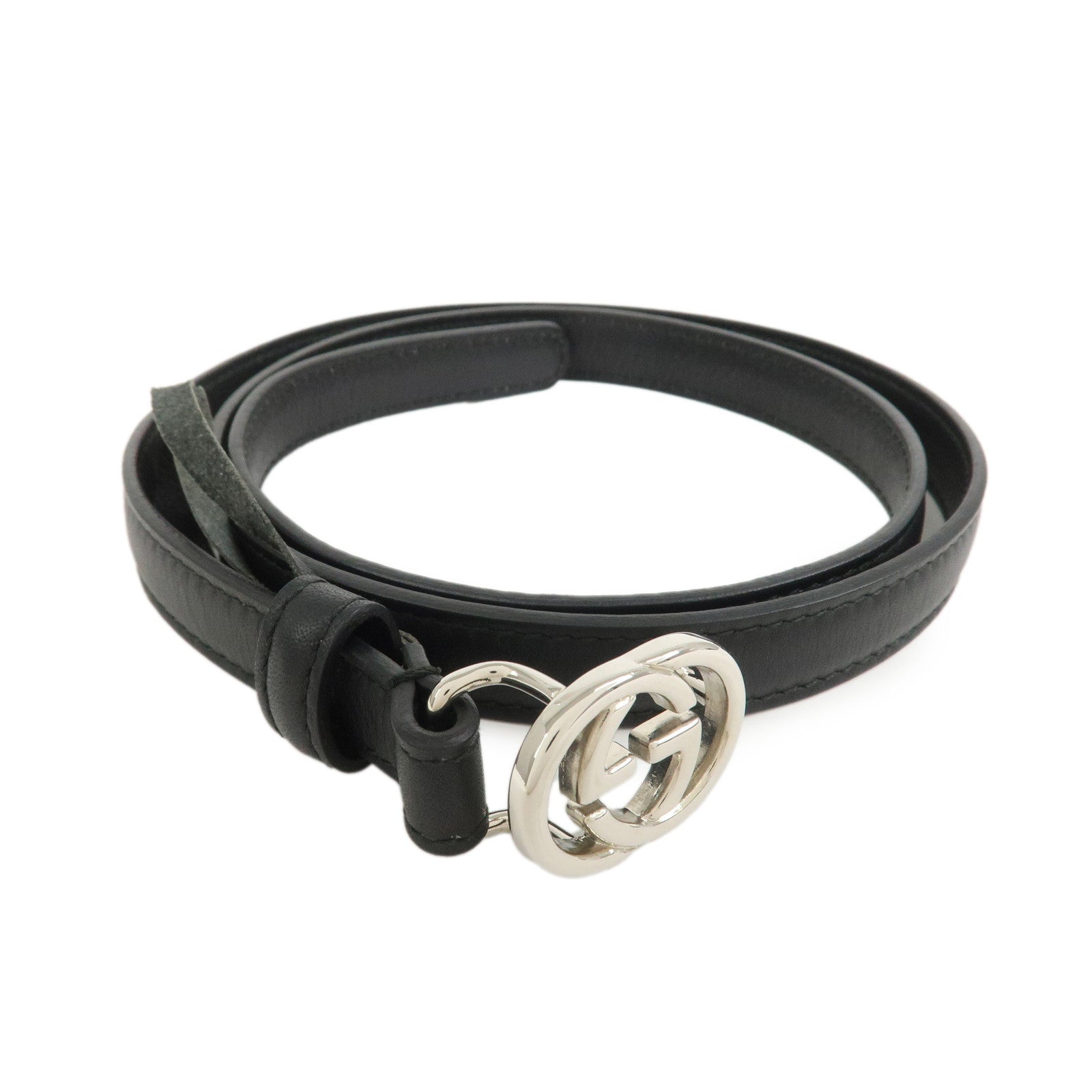 GUCCI Interlocking G Leather Belt Black Silver 69-79cm 214351