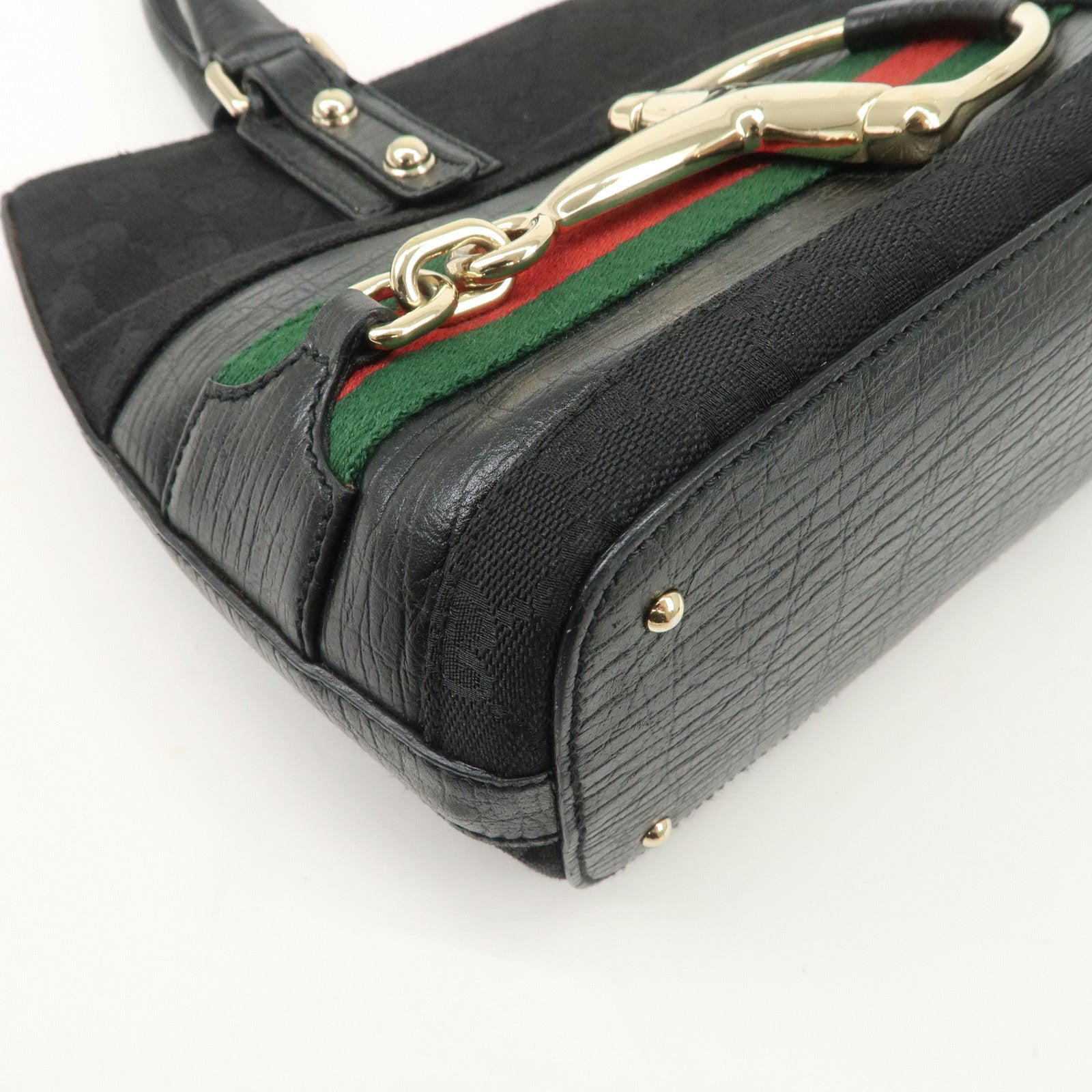 GUCCI Horsebit Sherry GG Canvas Leather Hand Bag Black 137475