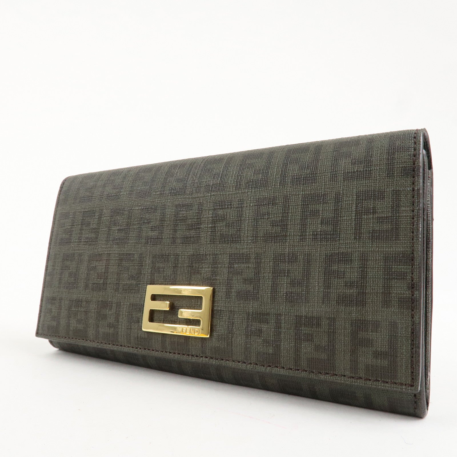 FENDI Zucchino PVC Flap Bi-Fold Long Wallet Black Moss Green 8M0235 Used