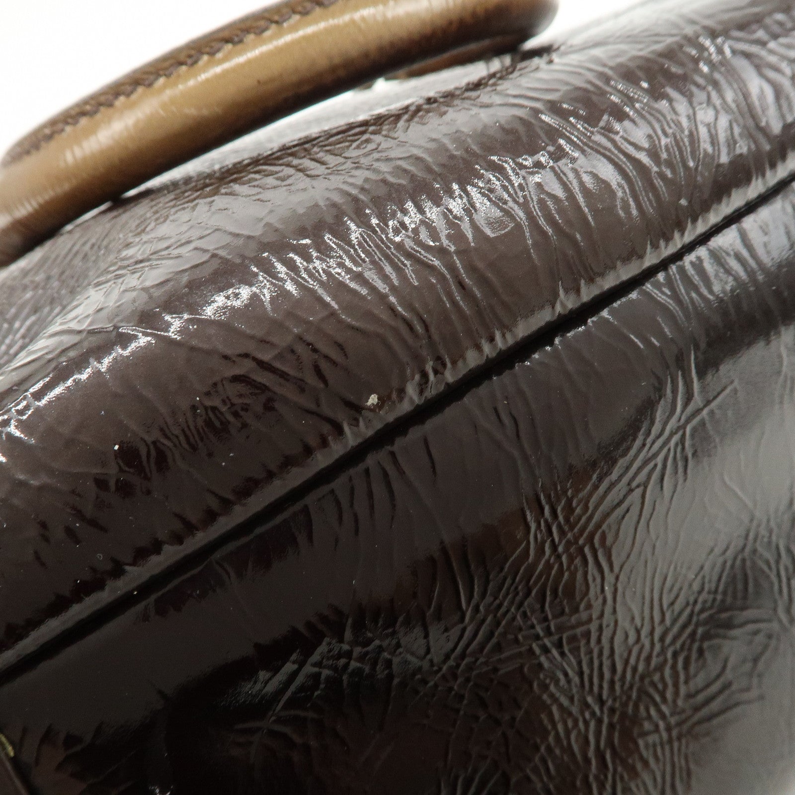 PRADA Logo Patent Leather Hand Bag Boston Bag Brown BL0555