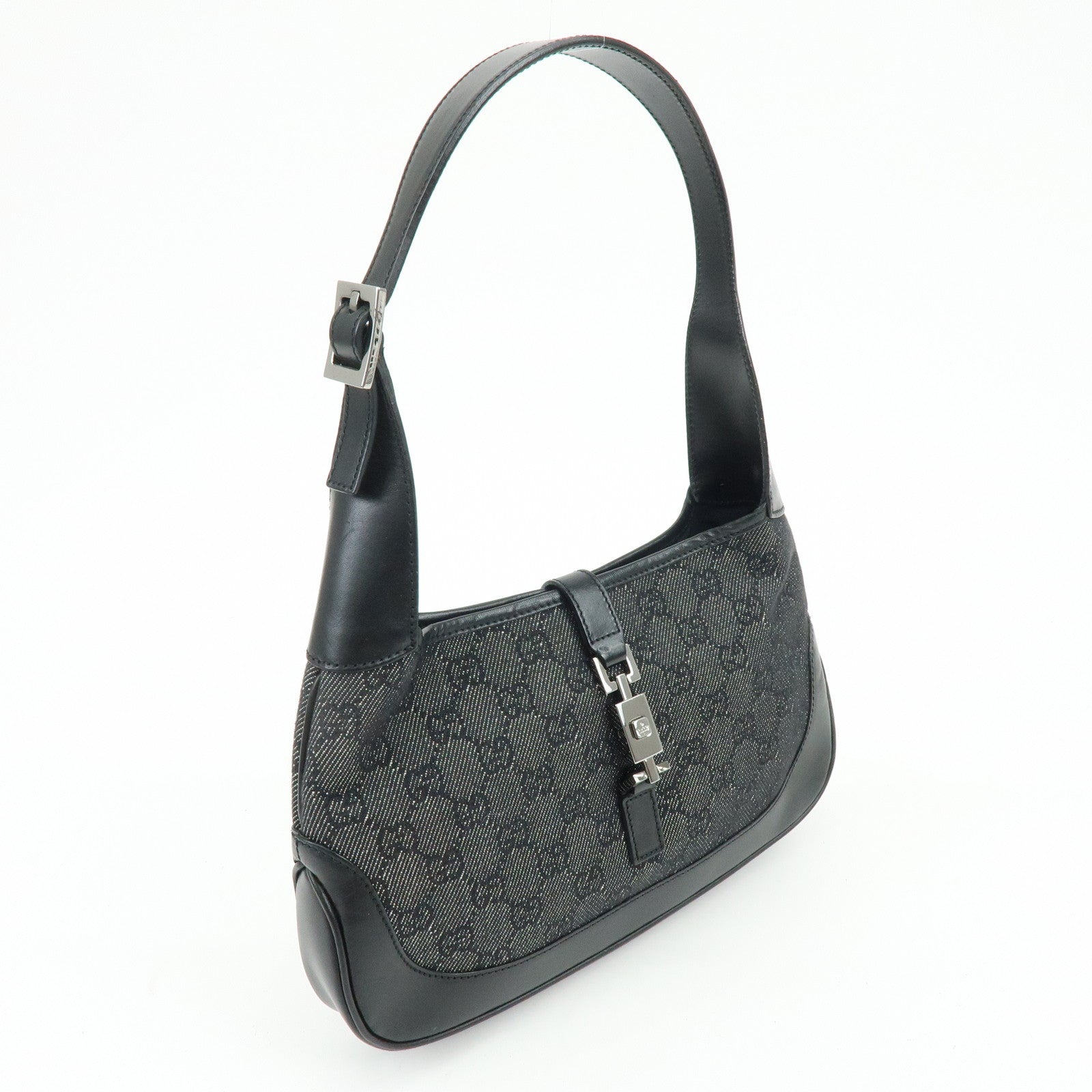 GUCCI Jackie GG Denim Leather Shoulder Bag Black 01147・001013