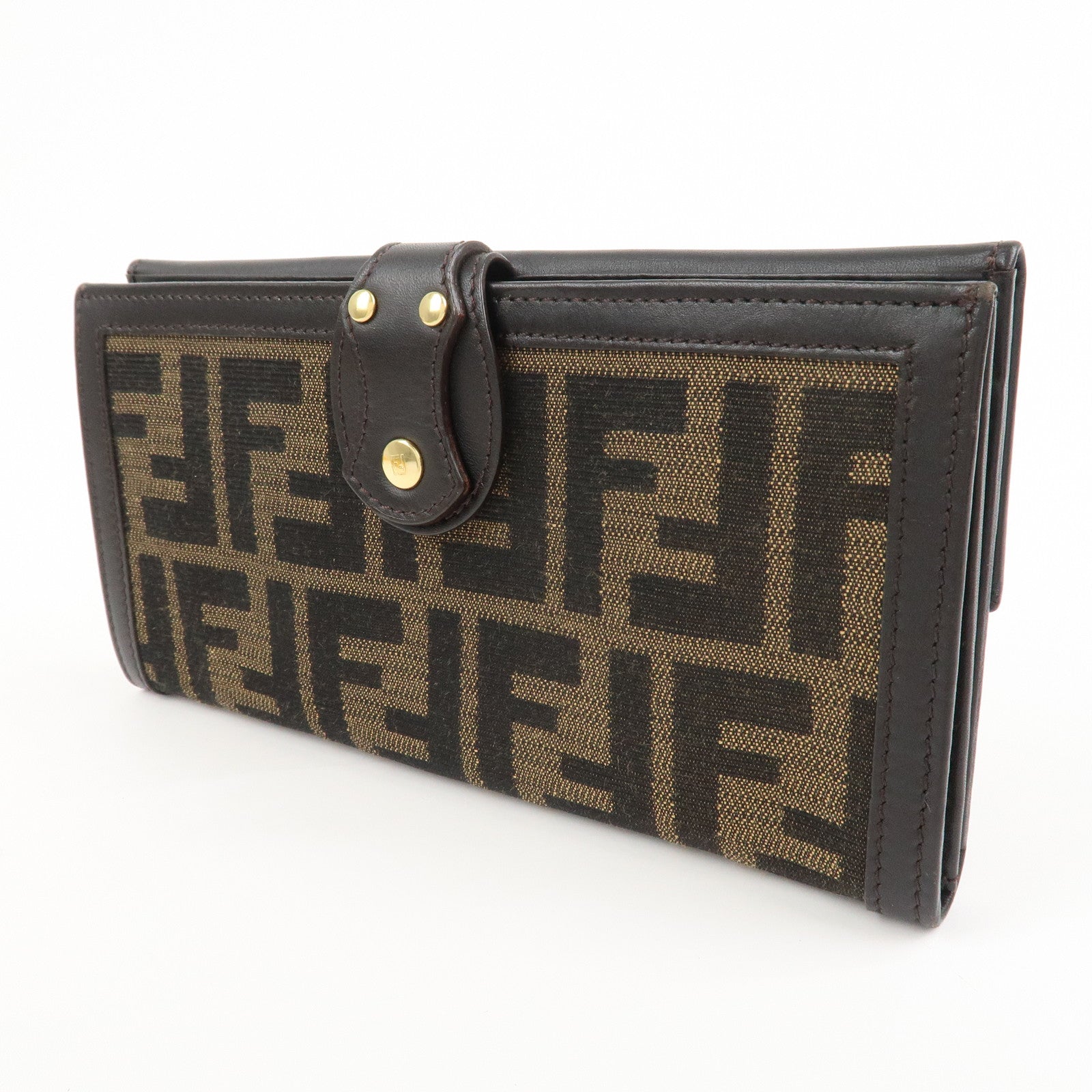 FENDI Canvas Leather Bi-fold Long Wallet Brown 8M0112