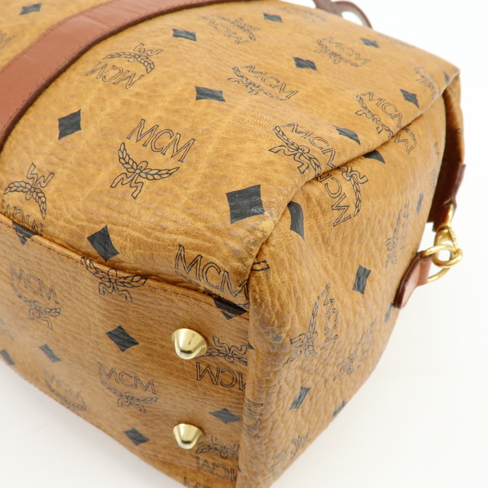 MCM Visetos PVC Leather Tote Bag Boston Bag Hand Bag Cognac Brown