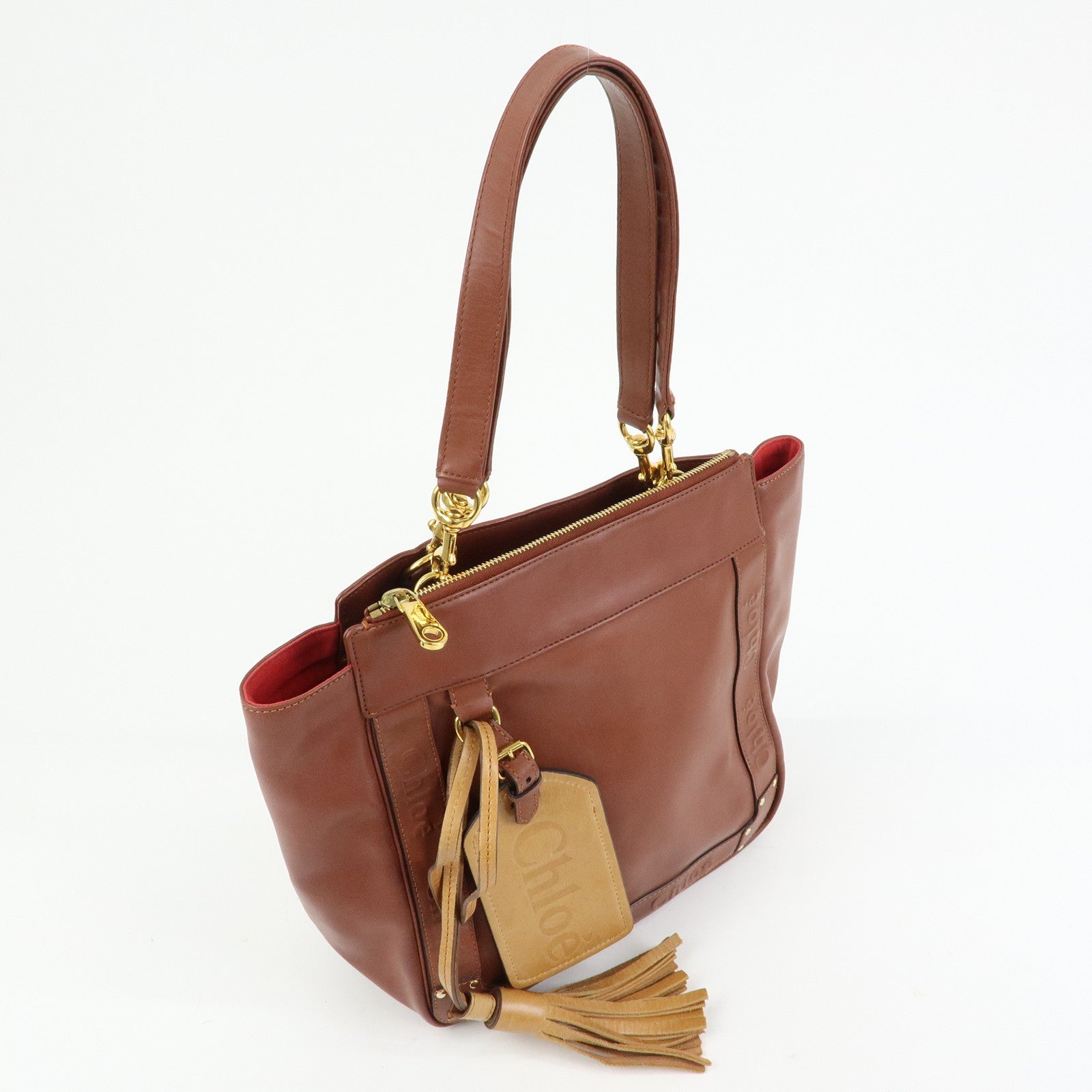 Chloe Eden Leather Tote Bag Shoulder Bag Tassel Charm Brown