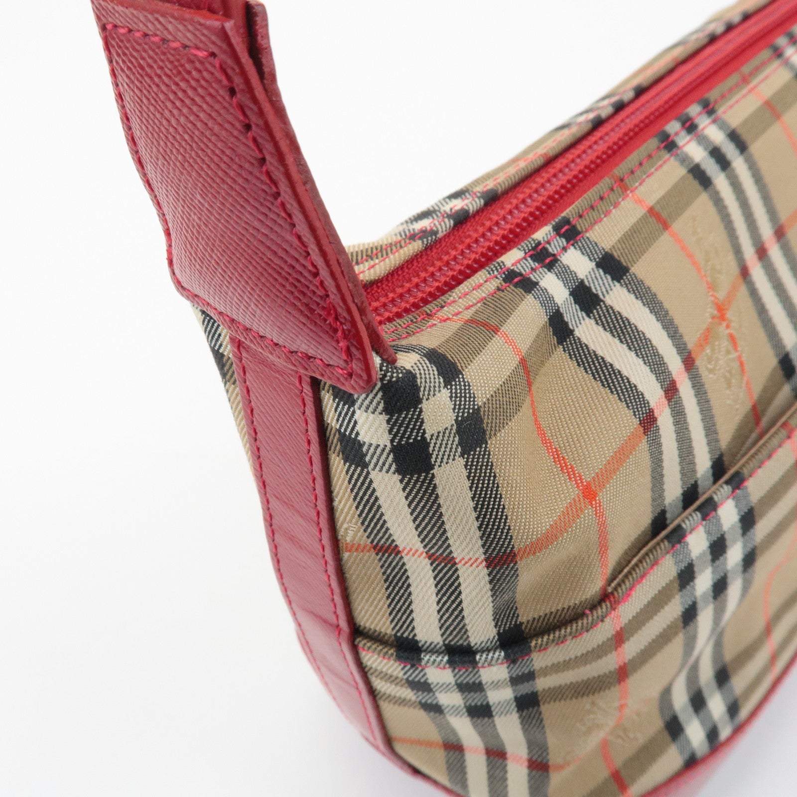 BURBERRY Nova Plaid Canvas Leather Shoulder Bag Red Used