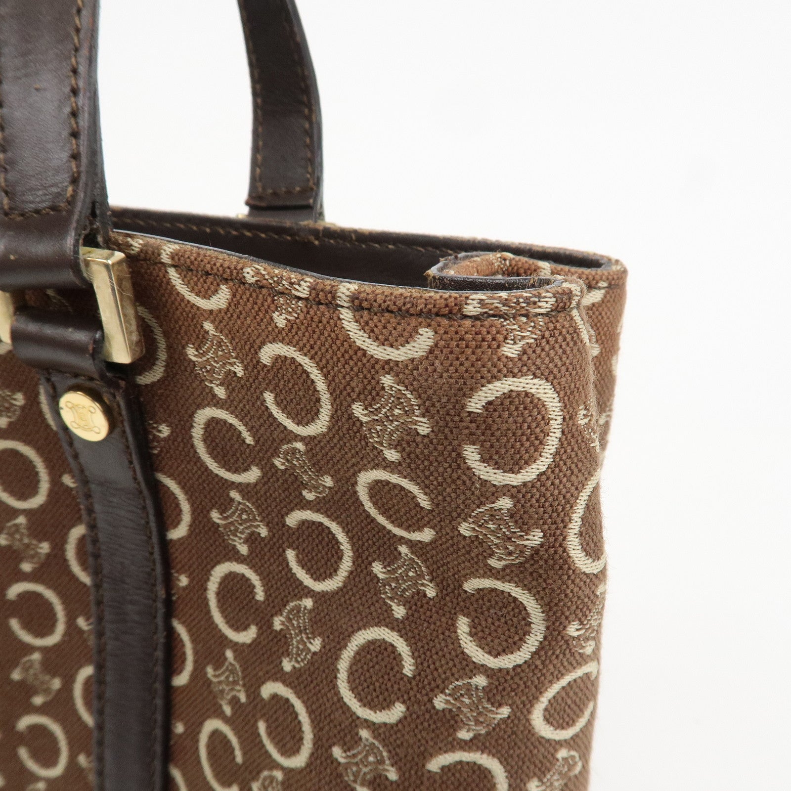 CELINE C Macadam Canvas Leather Hand Bag Brown Beige