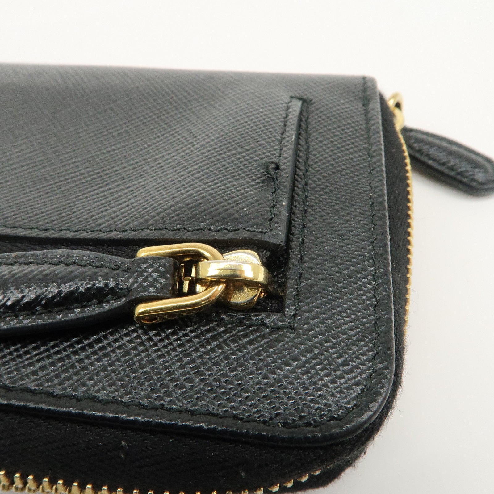 PRADA Triangle Logo Saffiano Leather Mini Wallet Key Ring Black 1PP122 Used