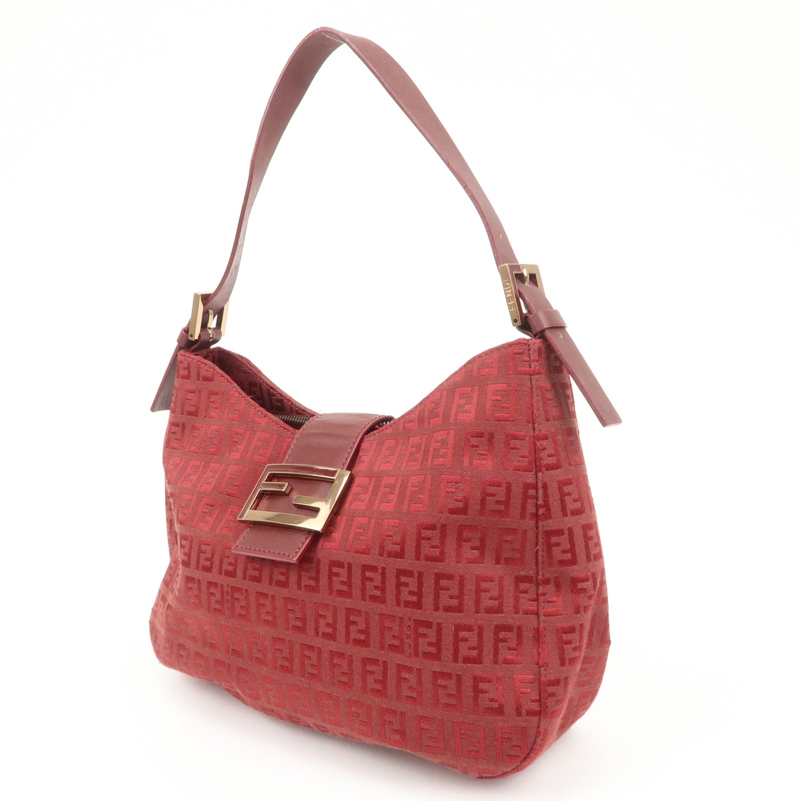 FENDI Zucchino Leather Canvas Shoulder Bag Hand Bag Red Used