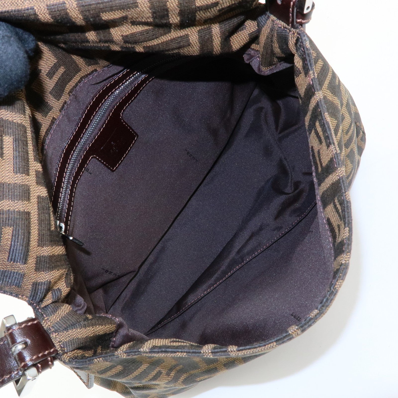 FENDI Mamma Baguette Zucca Canvas Leather Shoulder Bag Brown 26325