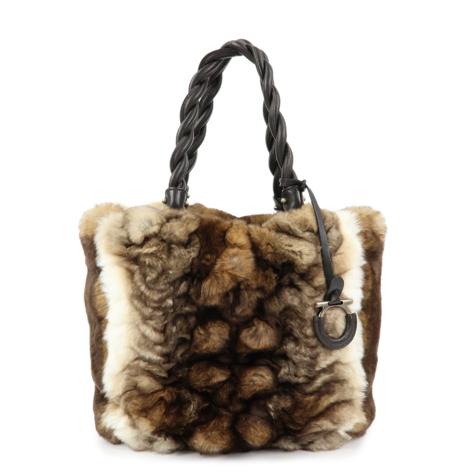 Ferragamo Gancini Rabbit Fur Leather Hand Bag Tote Bag Brown