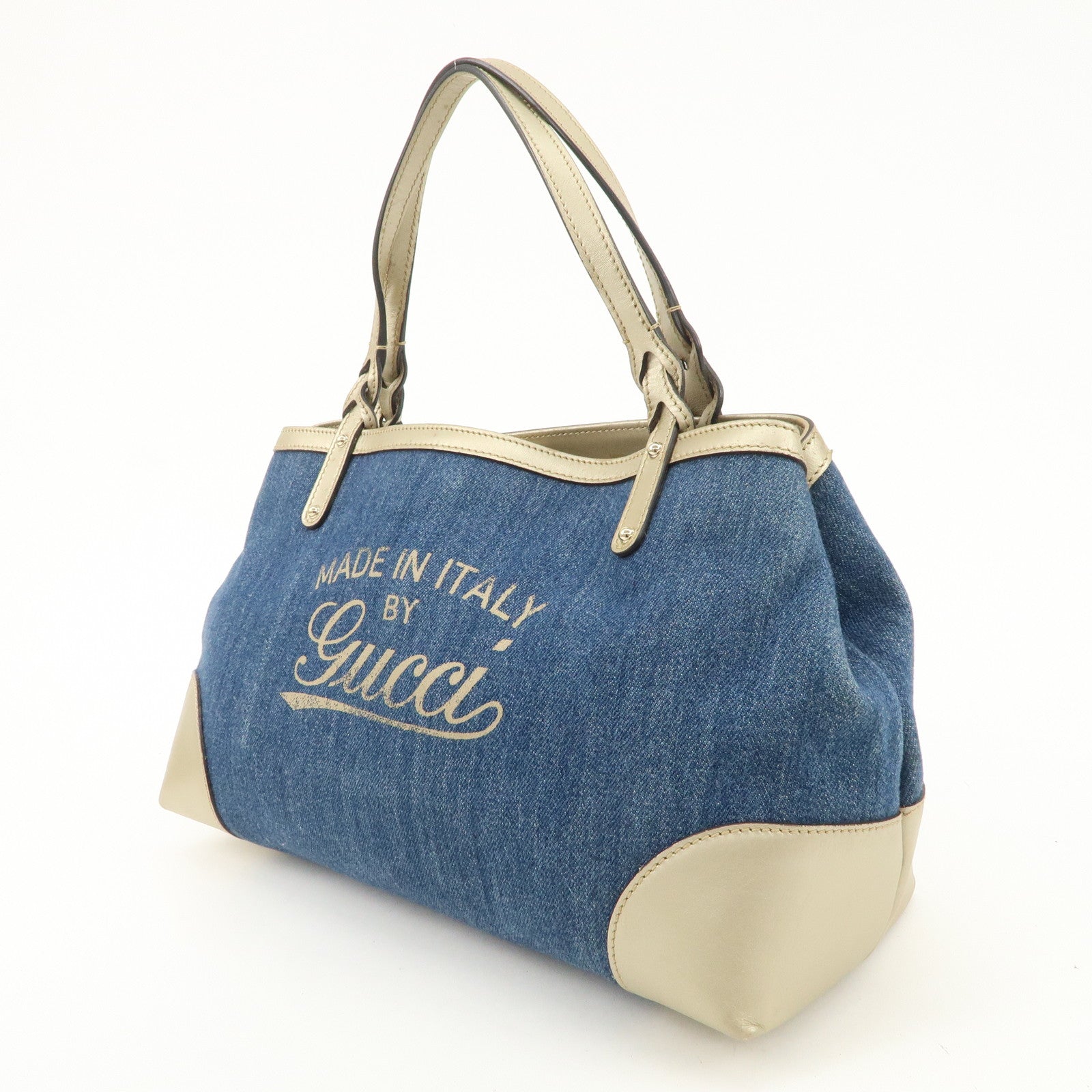 GUCCI Craft Denim Leather Tote Bag Shoulder Bag Blue Gold 348715 Used