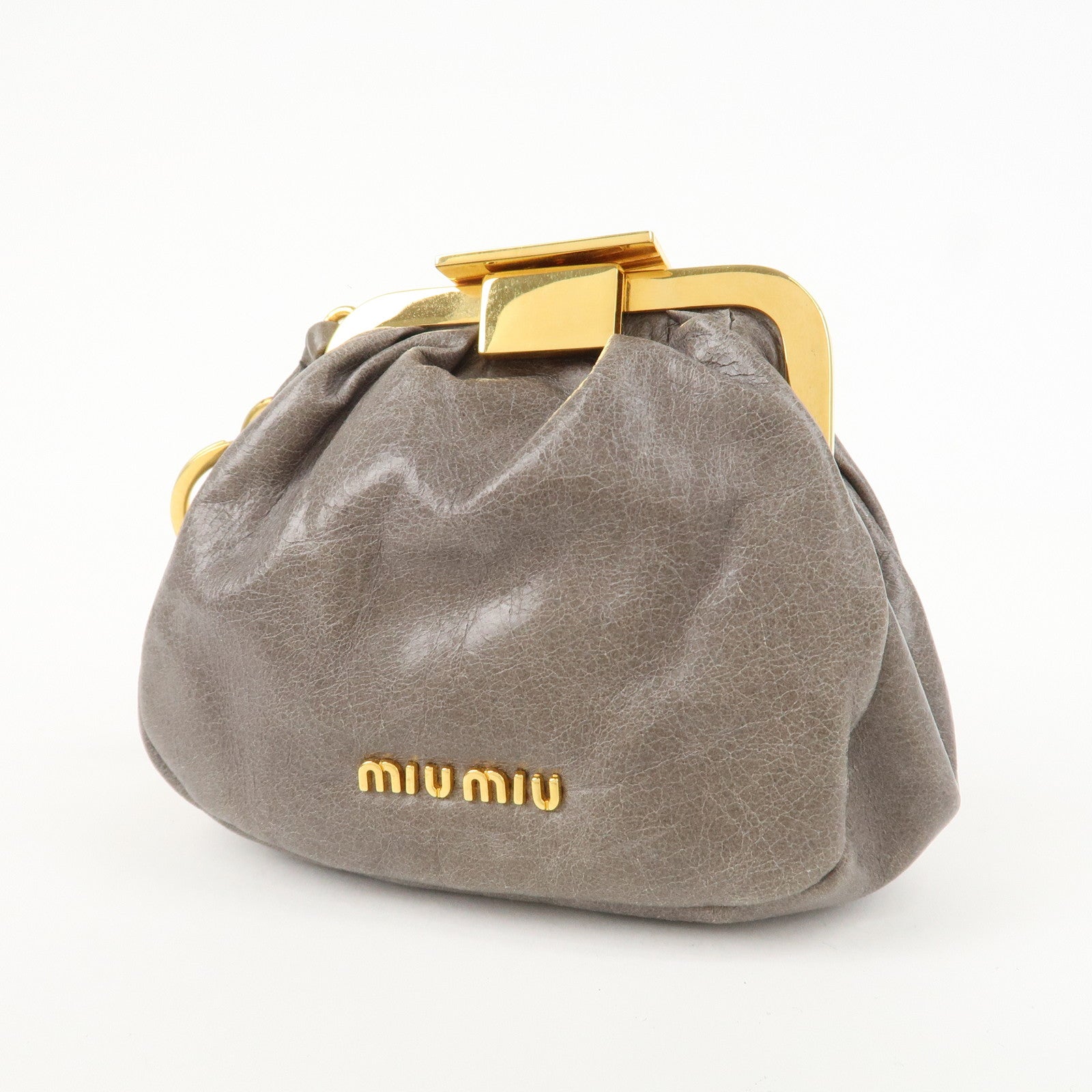 MIU MIU Logo Leather Kiss Lock Coin Case Gray Gold HDW Used