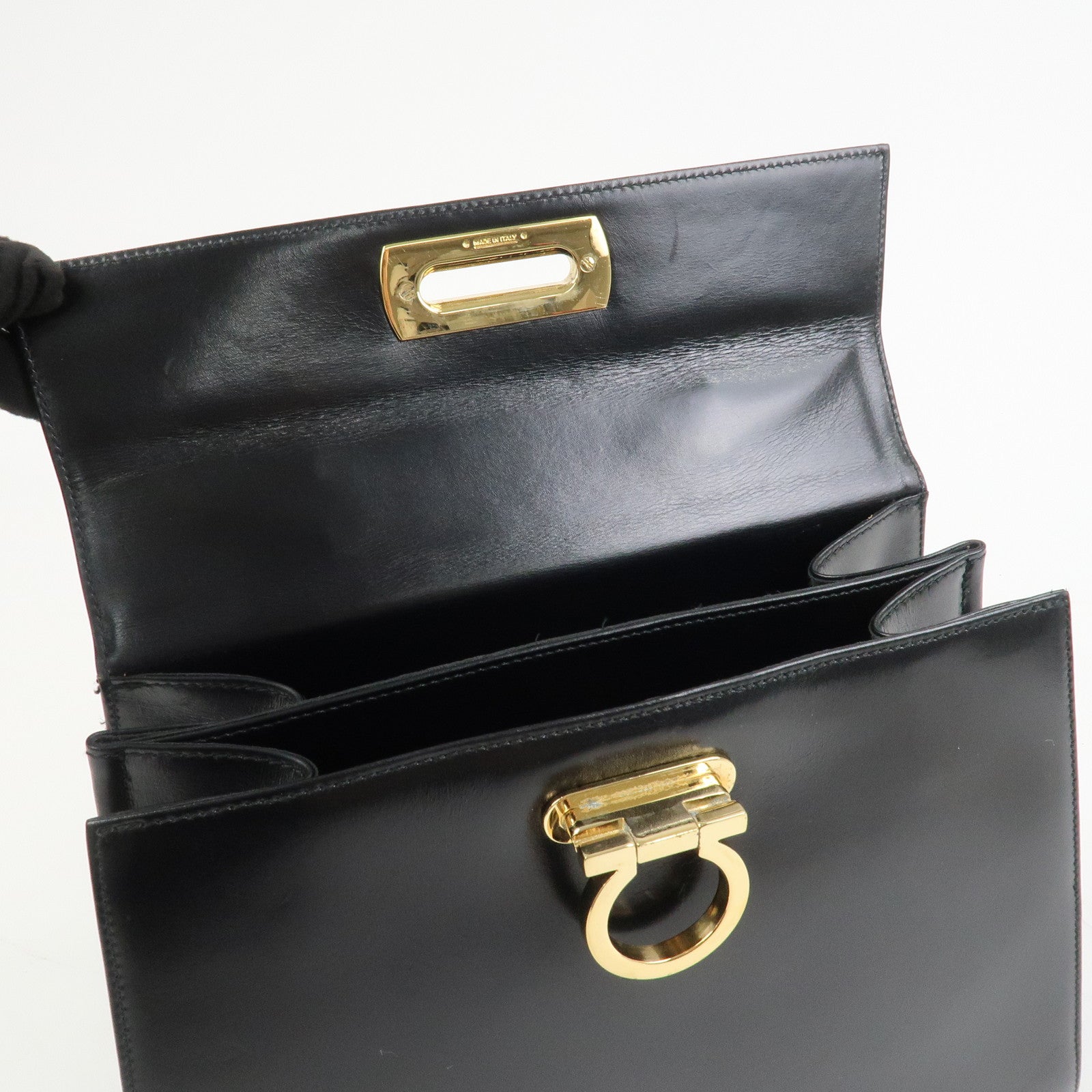 Ferragamo Gancini Logo Leather 2Way Bag Hand Bag Shoulder Bag Black