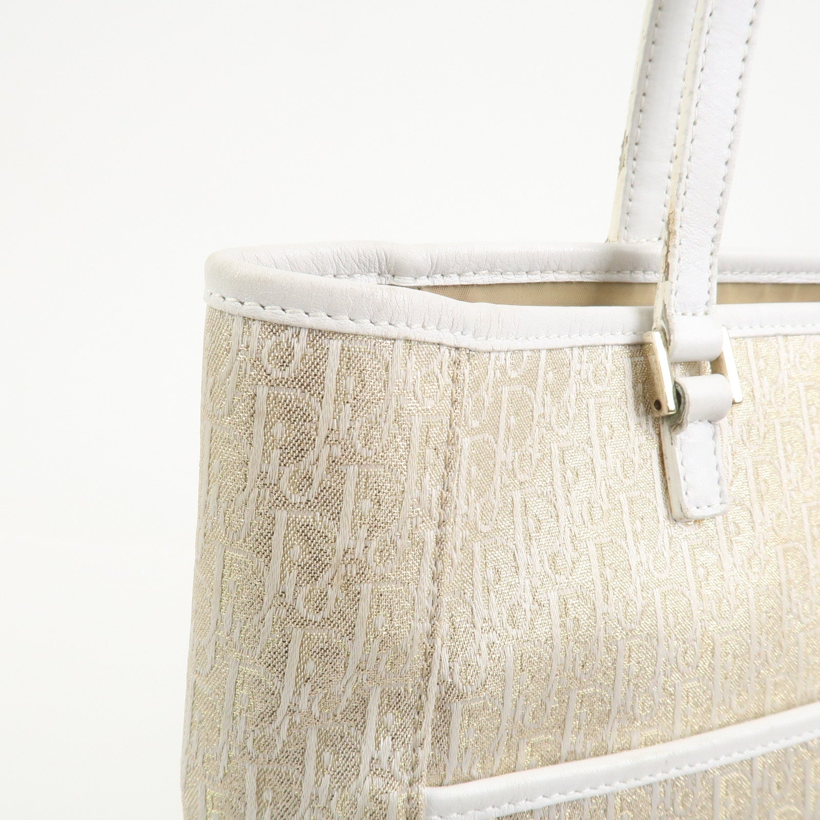 Christian Dior Trotter Canvas Leather Tote Bag Gold White 05RU0034