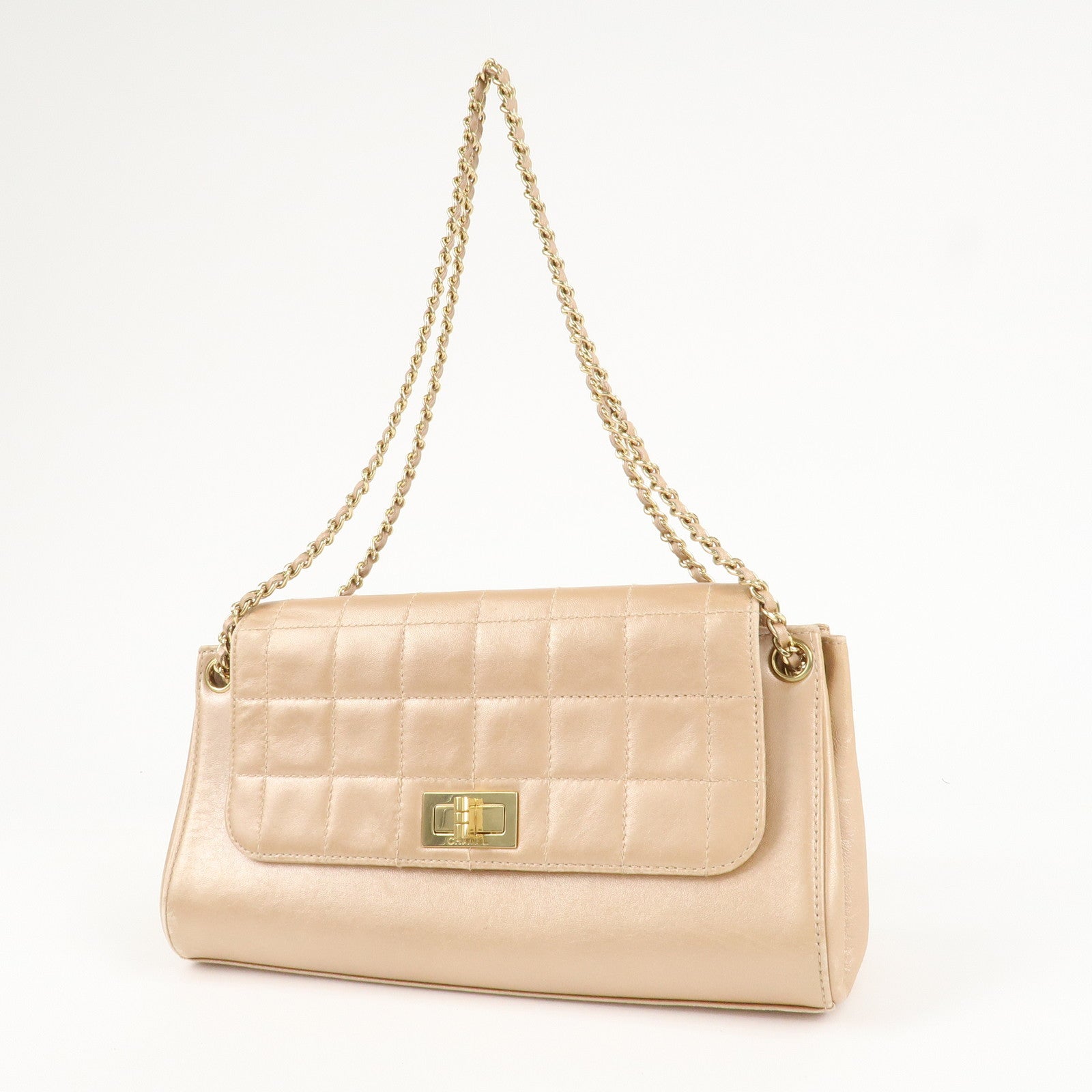 CHANEL Chocolate Bar Leather Chain Shoulder Bag Pink Gold Used