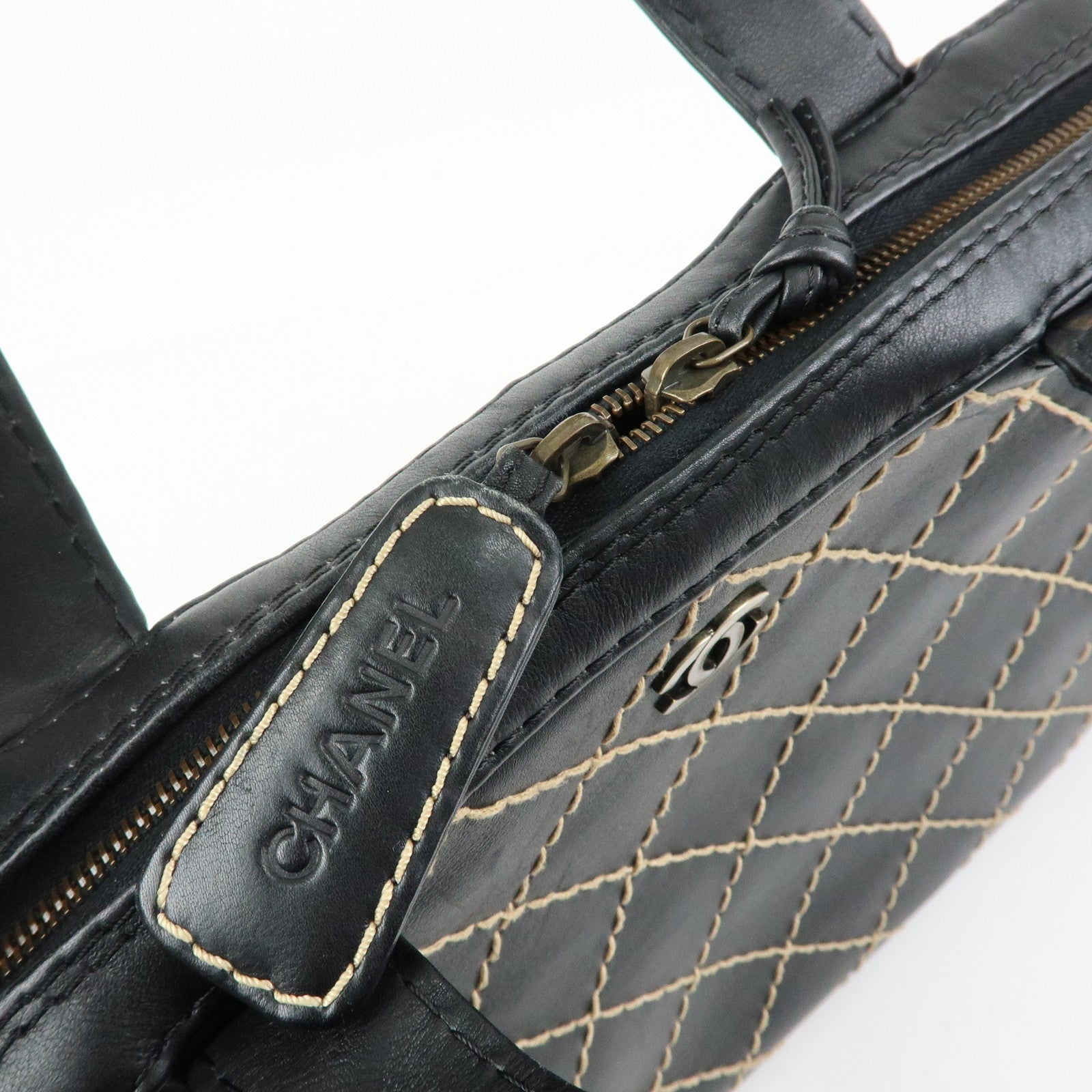 CHANEL Wild Stitch COCO Mark Leather Hand Bag Tote Bag Black A14693