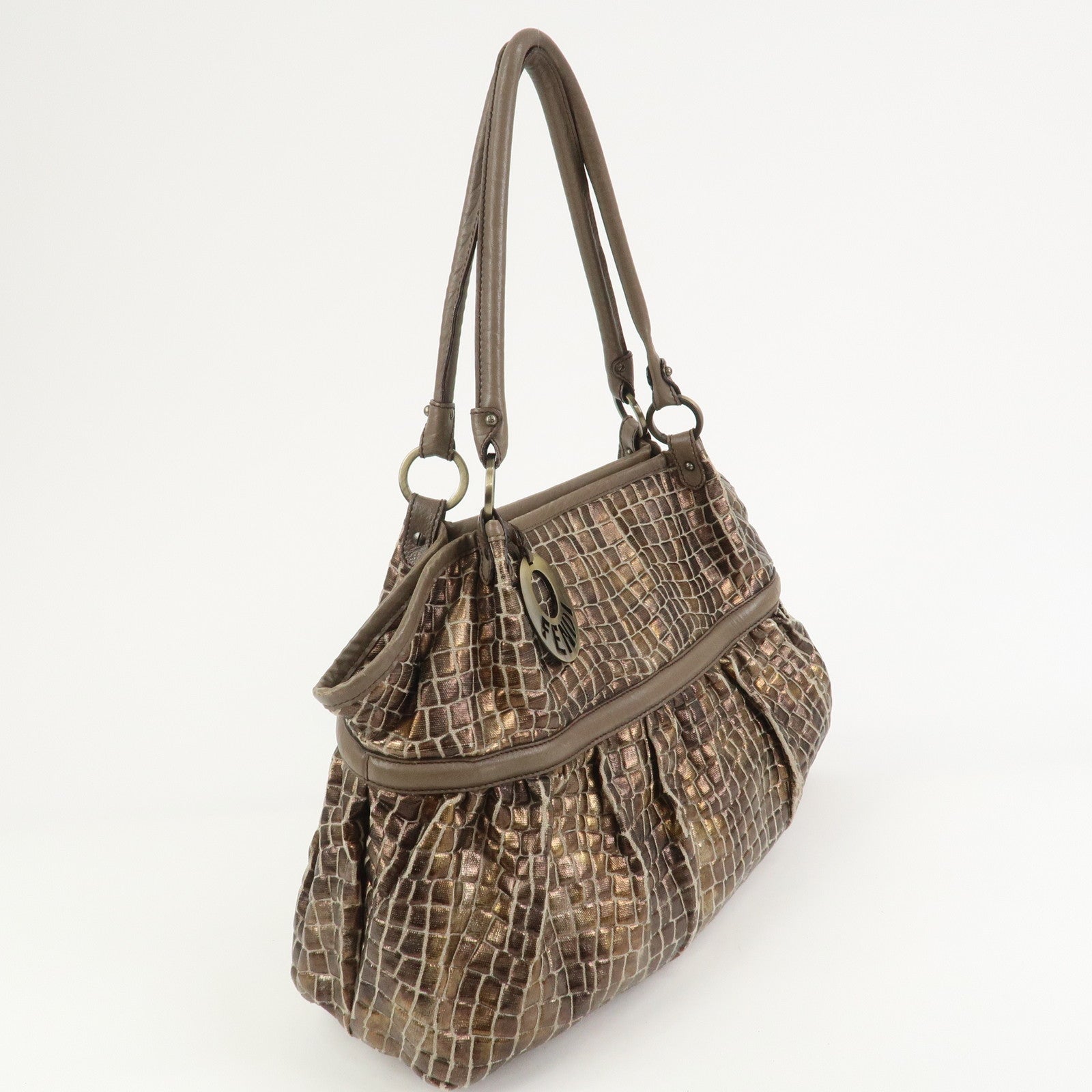 FENDI Embossed Leather Gathered Shoulder Bag Tote Bag Brown 8BH186