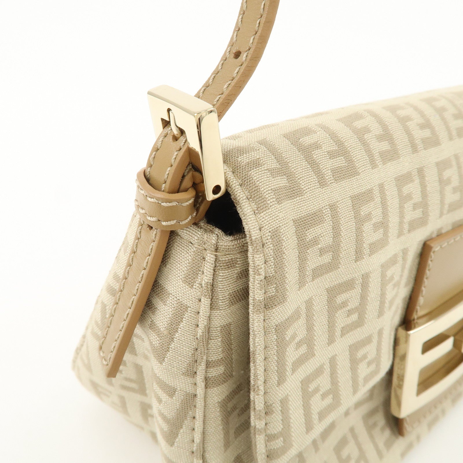 FENDI Mini Mamma Baguette Zucchino Canvas Leather Shoulder Bag Beige 8BR180