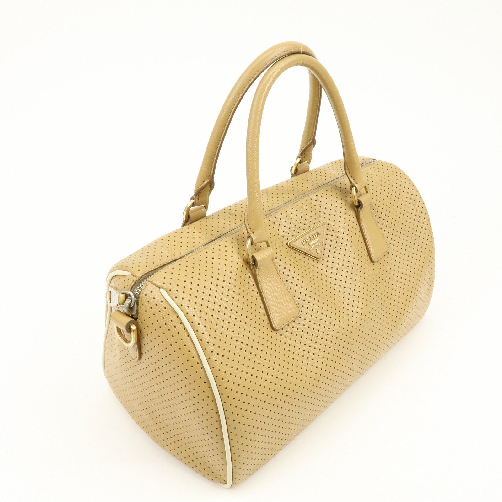 PRADA Triangle Logo Saffiano Leather Punched Boston Bag Beige