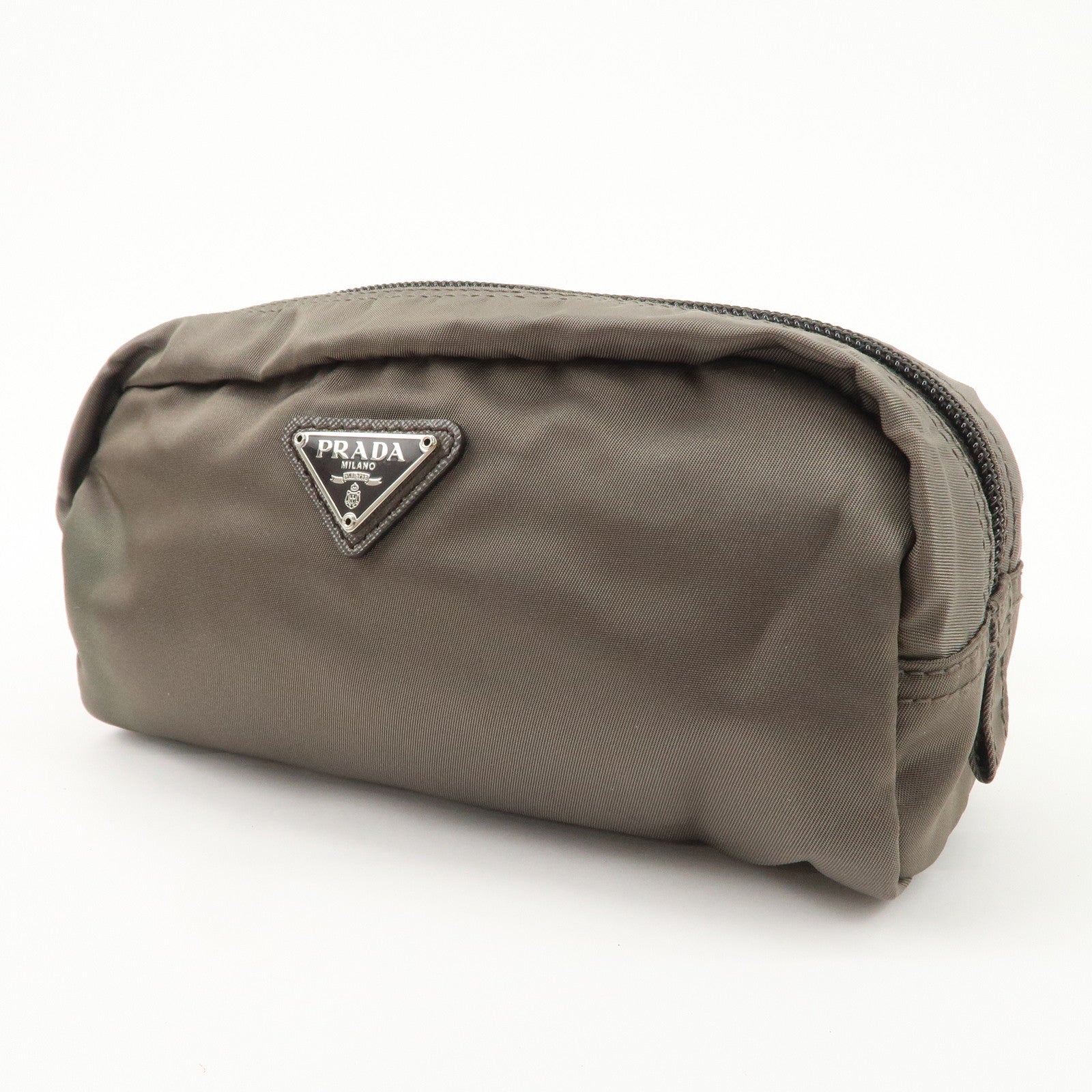 PRADA Set of 2 Leather Nylon Pouch Cosmetic Pouch Gray Khaki Used