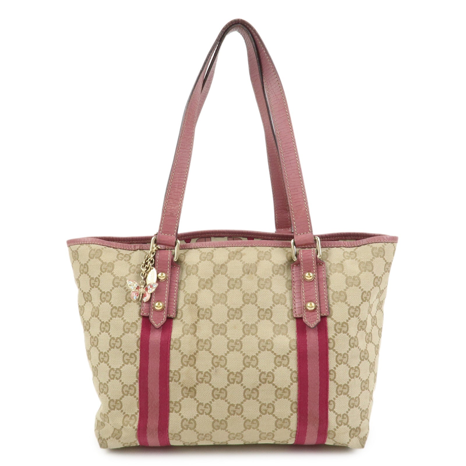 GUCCI Sherry GG Canvas Butterfly Charm Tote Bag Beige Pink 137396