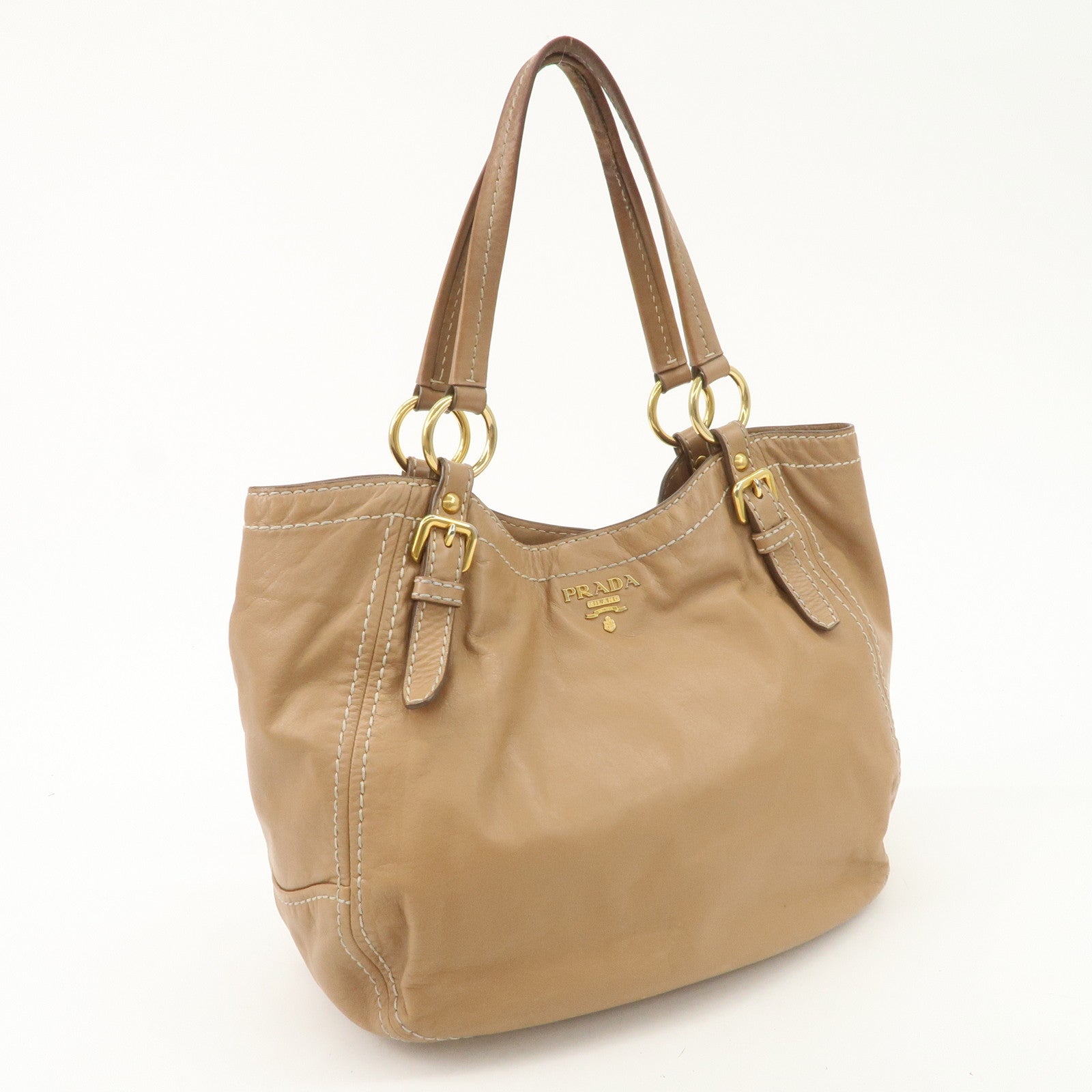 PRADA Leather Shoulder Bag Hand Bag Shoulder Bag Beige Gold BR4691 Used