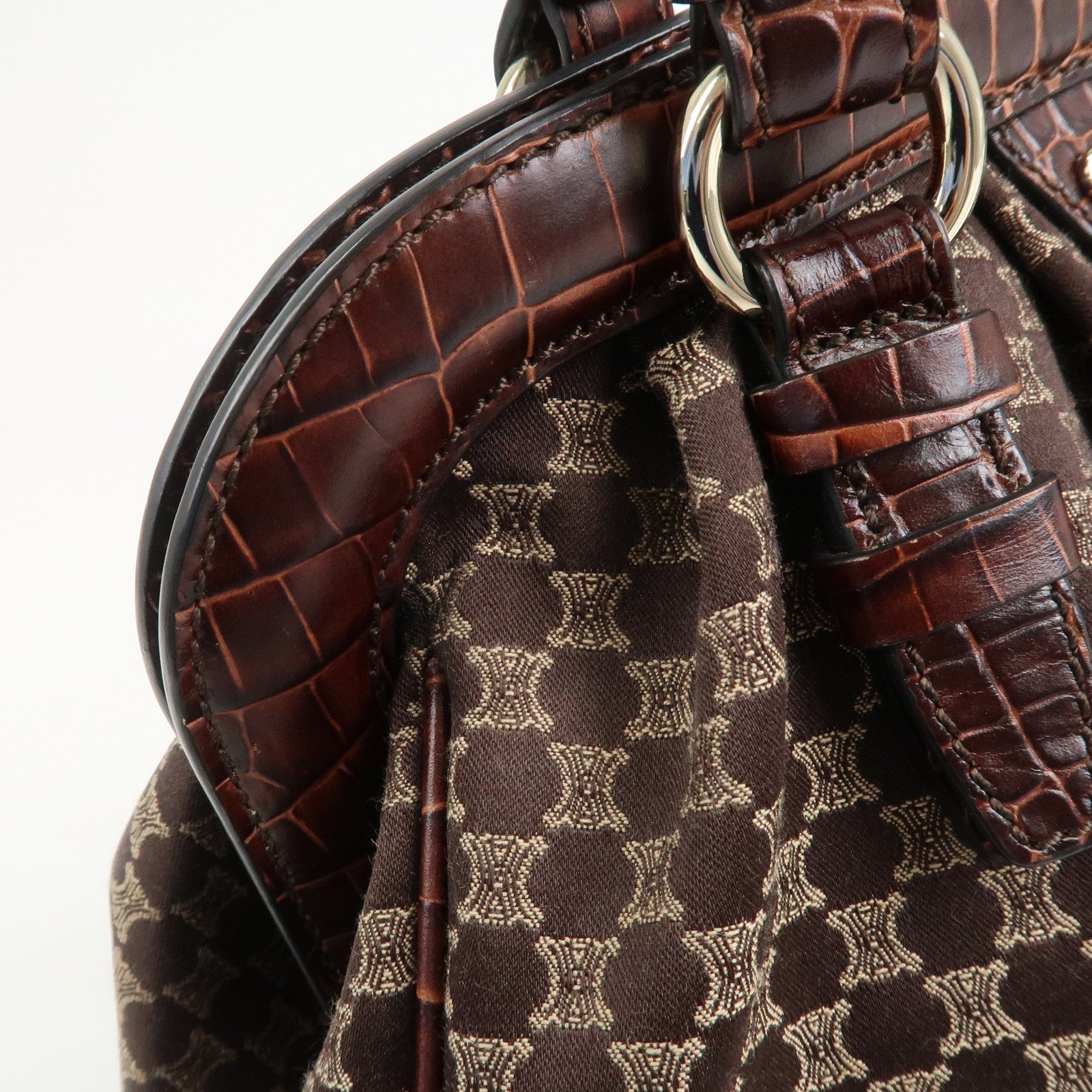 CELINE Macadam Canvas Embossed Leather Shoulder Bag Hand Bag Brown