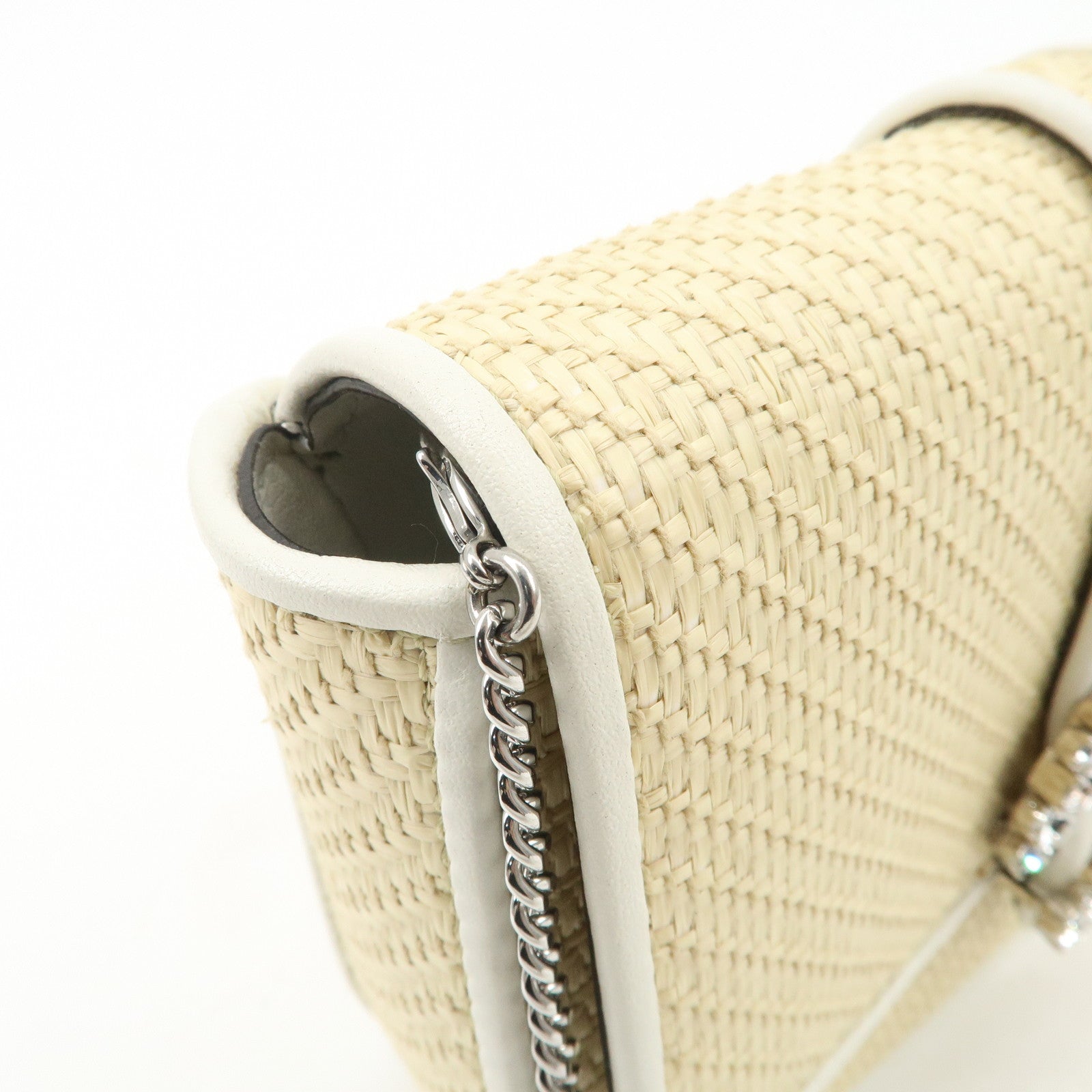 JIMMY CHOO Raffia Leather Mini Chain Shoulder Bag Beige Ivory