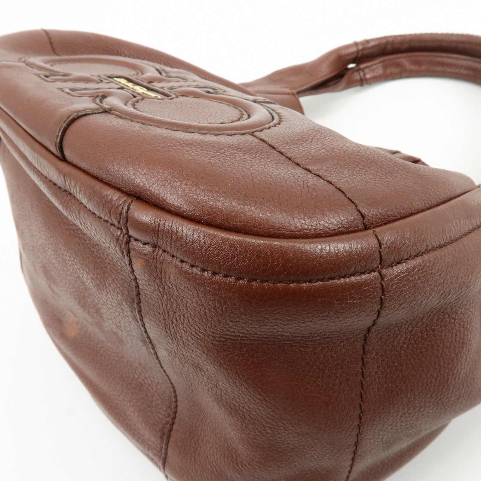 Ferragamo Gancini Leather Shoulder Bag Hand Bag Brown